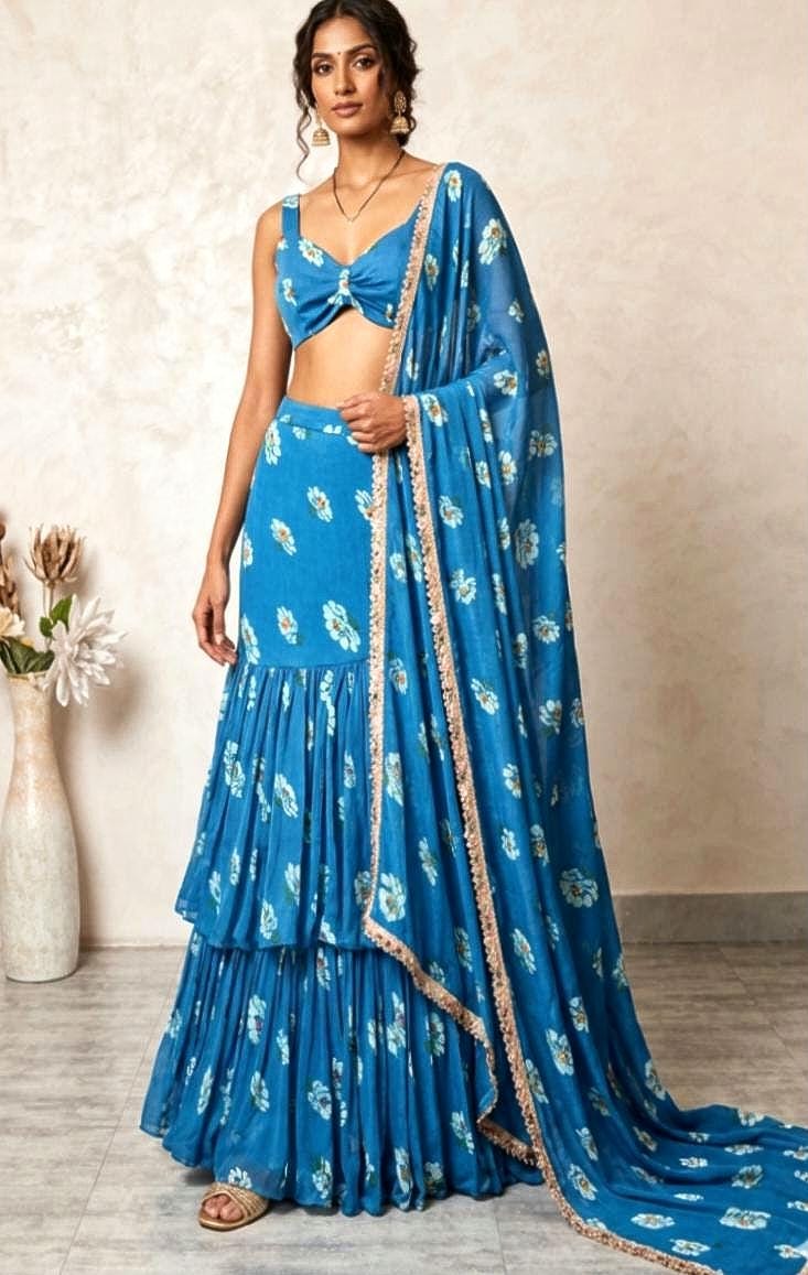 Blue Floral Print Chiffon Lehenga, Mermaid Layered Skirt, Beach Wedding DVMTD_0293
