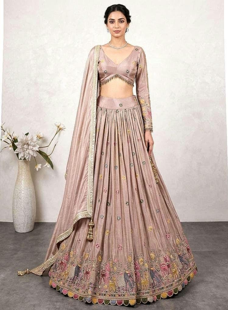 Dusty Pink Tissue Silk Lehenga Choli for Mehendi, Sangeet DVMTD_0290
