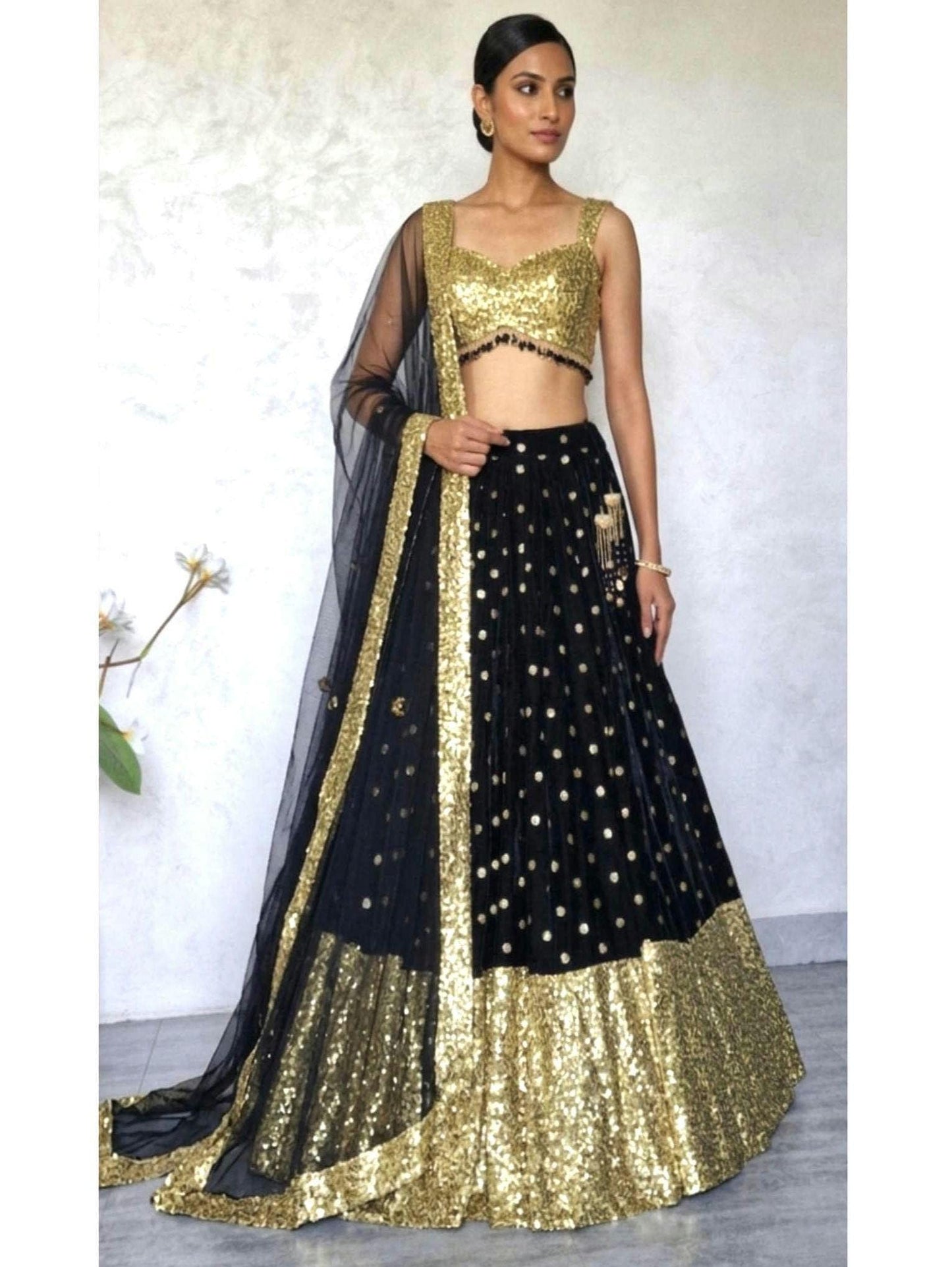 Black Gold Velvet, Sequins Lehenga Choli DVMTD_0291
