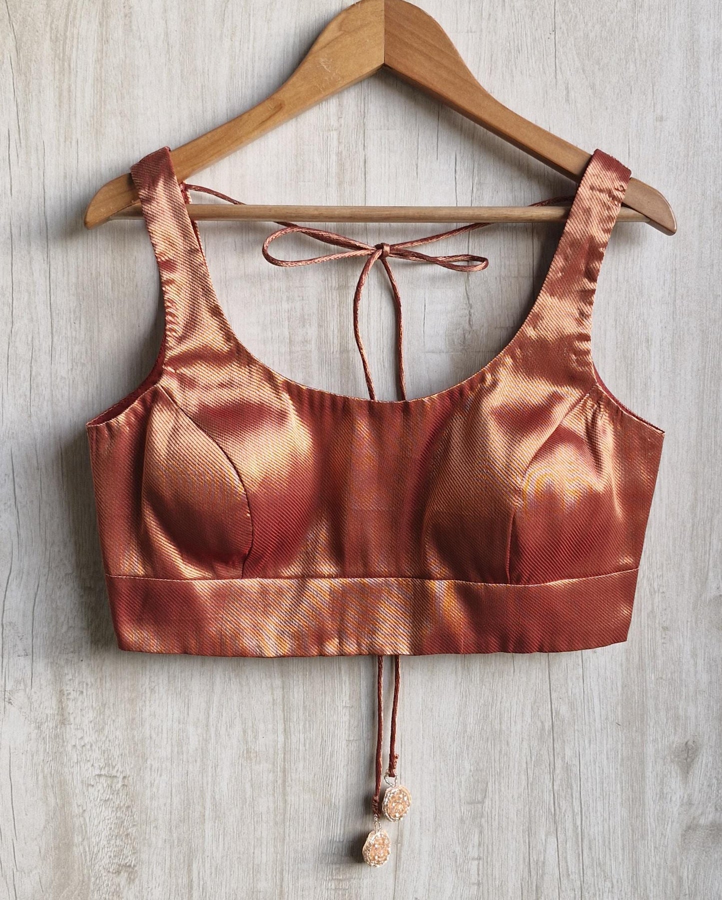 Terracotta Pink Banarasi Silk Saree Blouse, Round Neck DVBL_482