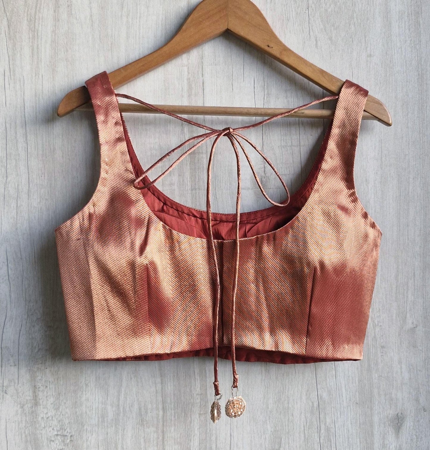 Terracotta Pink Banarasi Silk Saree Blouse, Round Neck DVBL_482