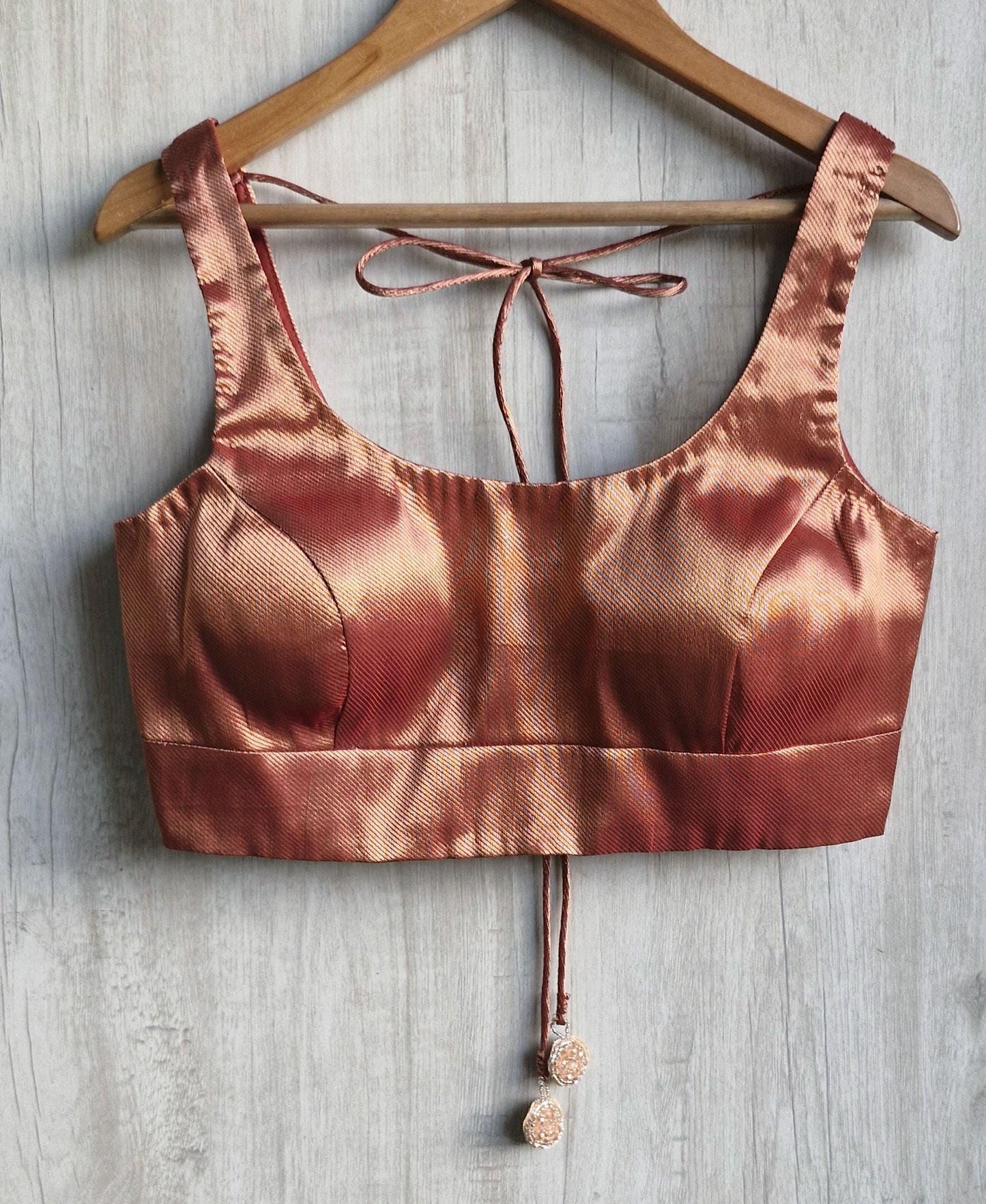 Terracotta Pink Banarasi Silk Saree Blouse, Round Neck DVBL_482