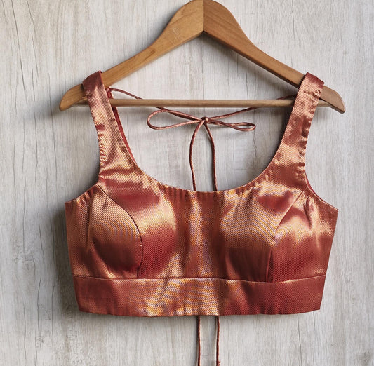 Terracotta Pink Banarasi Silk Saree Blouse, Round Neck DVBL_482