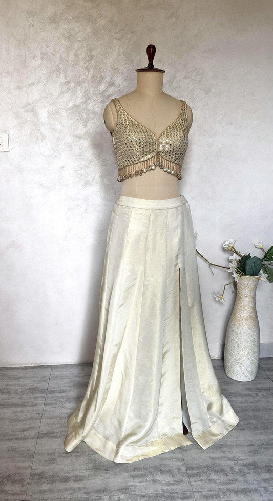 Champagne Gold Lehenga, Slit Skirt Set, Contemporary Tissue Silk Co-ord Set DVMTD_0287