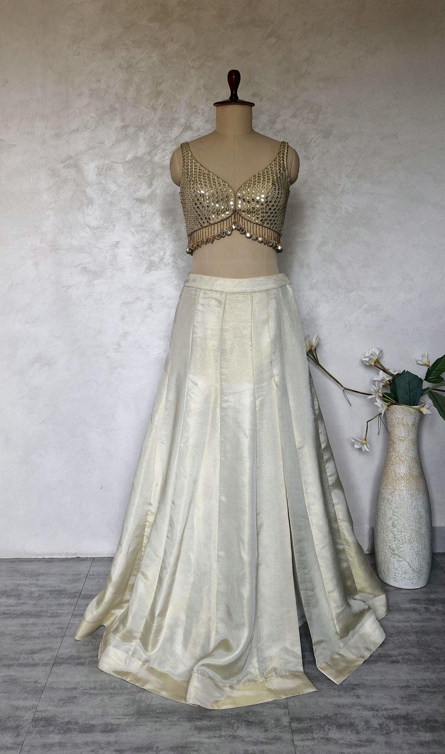 Champagne Gold Lehenga, Slit Skirt Set, Contemporary Tissue Silk Co-ord Set DVMTD_0287