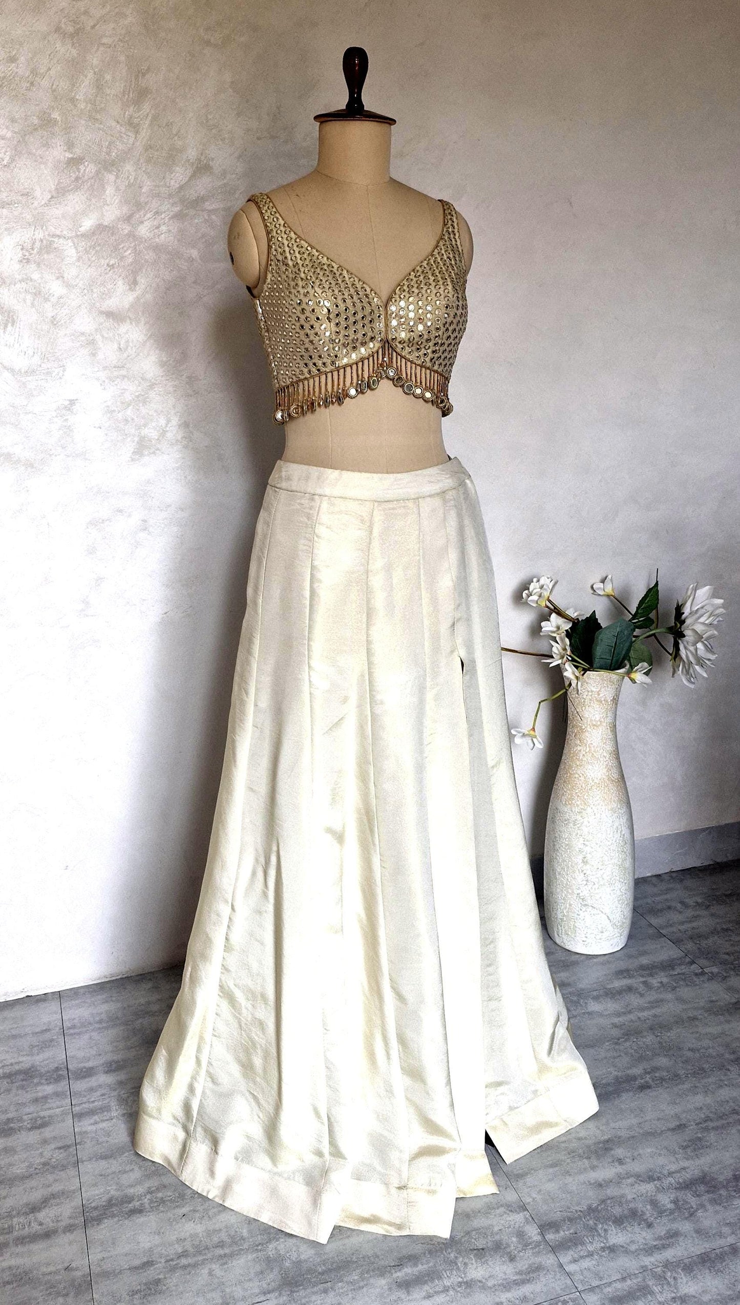Champagne Gold Lehenga, Slit Skirt Set, Contemporary Tissue Silk Co-ord Set DVMTD_0287