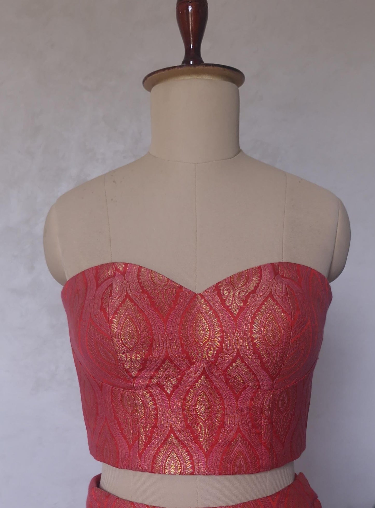 Brocade Silk Indian Corset Blouse, Pink Red Strapless DVCB_014