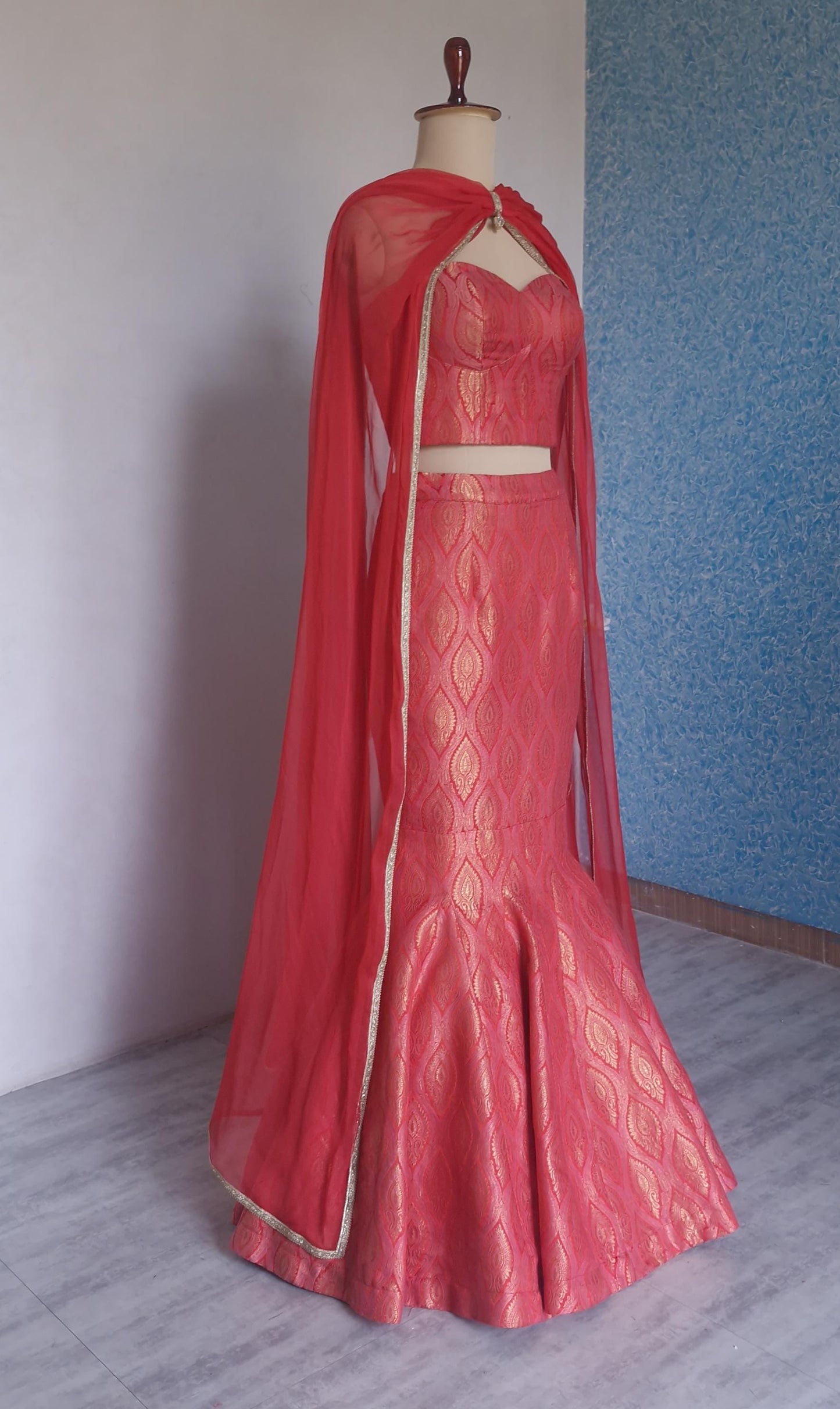 Red Pink Brocade Lehenga, Mermaid Skirt Corset Set, Cocktail Dress DVMTD_0288