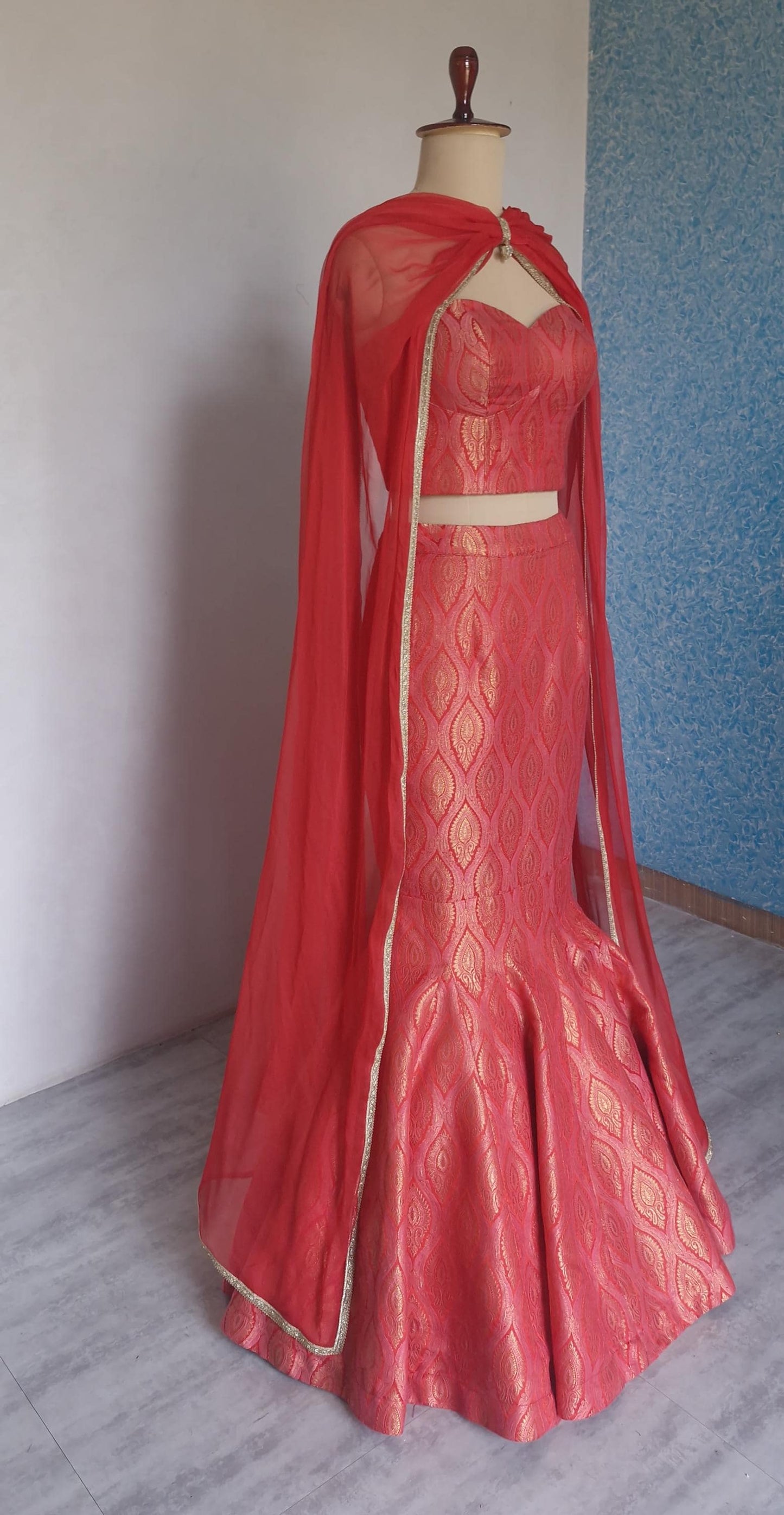 Red Pink Brocade Lehenga, Mermaid Skirt Corset Set, Cocktail Dress DVMTD_0288