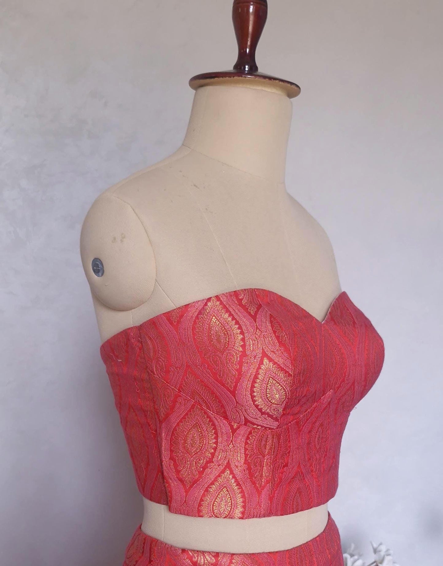 Brocade Silk Indian Corset Blouse, Pink Red Strapless DVCB_014