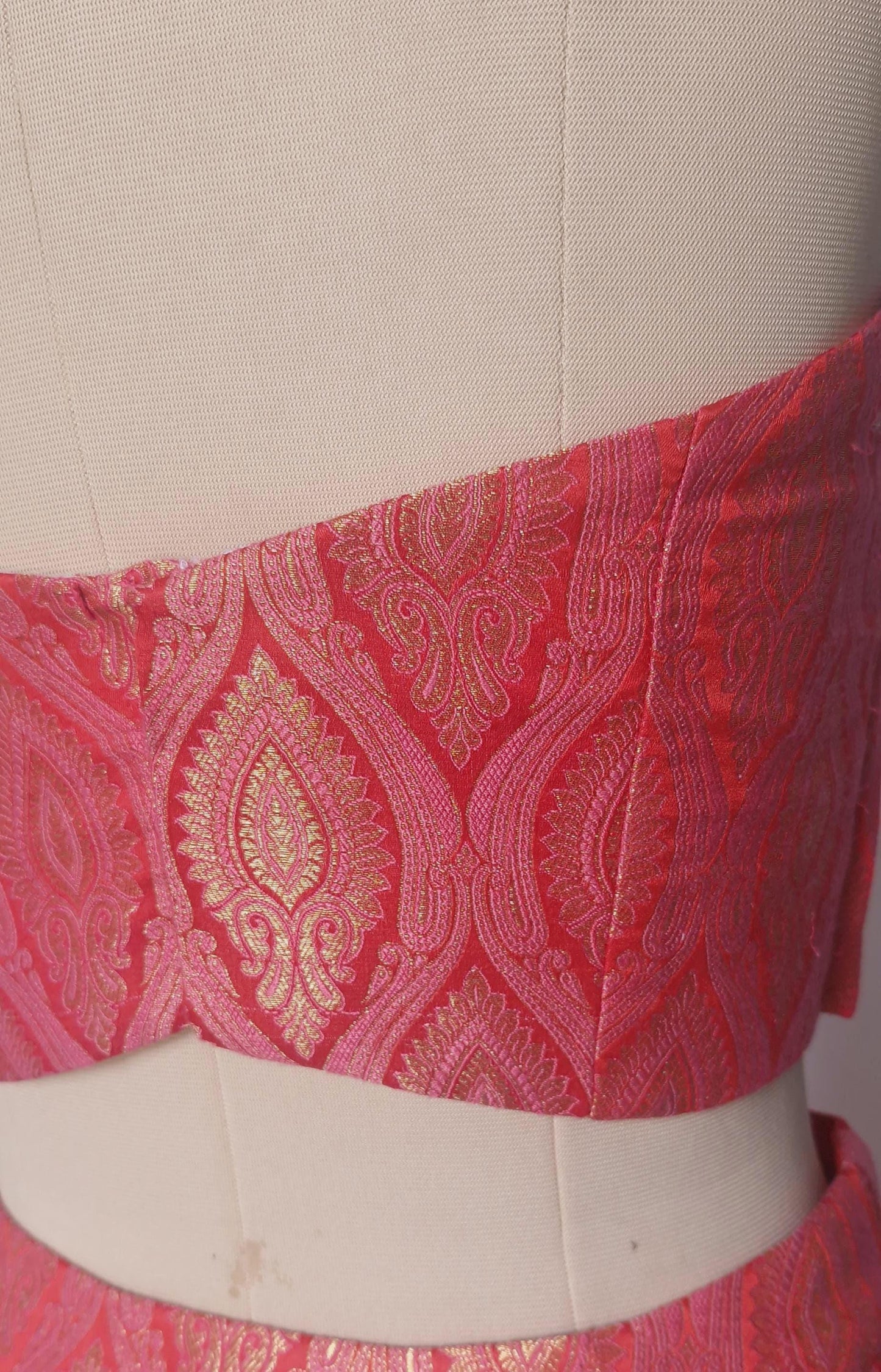 Brocade Silk Indian Corset Blouse, Pink Red Strapless DVCB_014