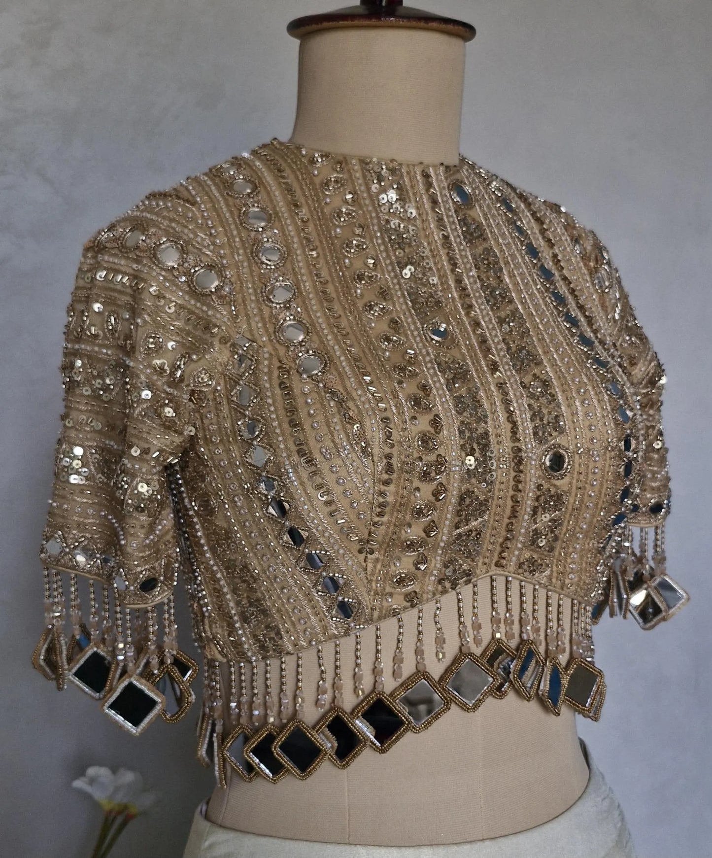 Dark Beige Gold Saree Blouse, Embroidered, Sleeves, Mirror Fringes DVBL_480