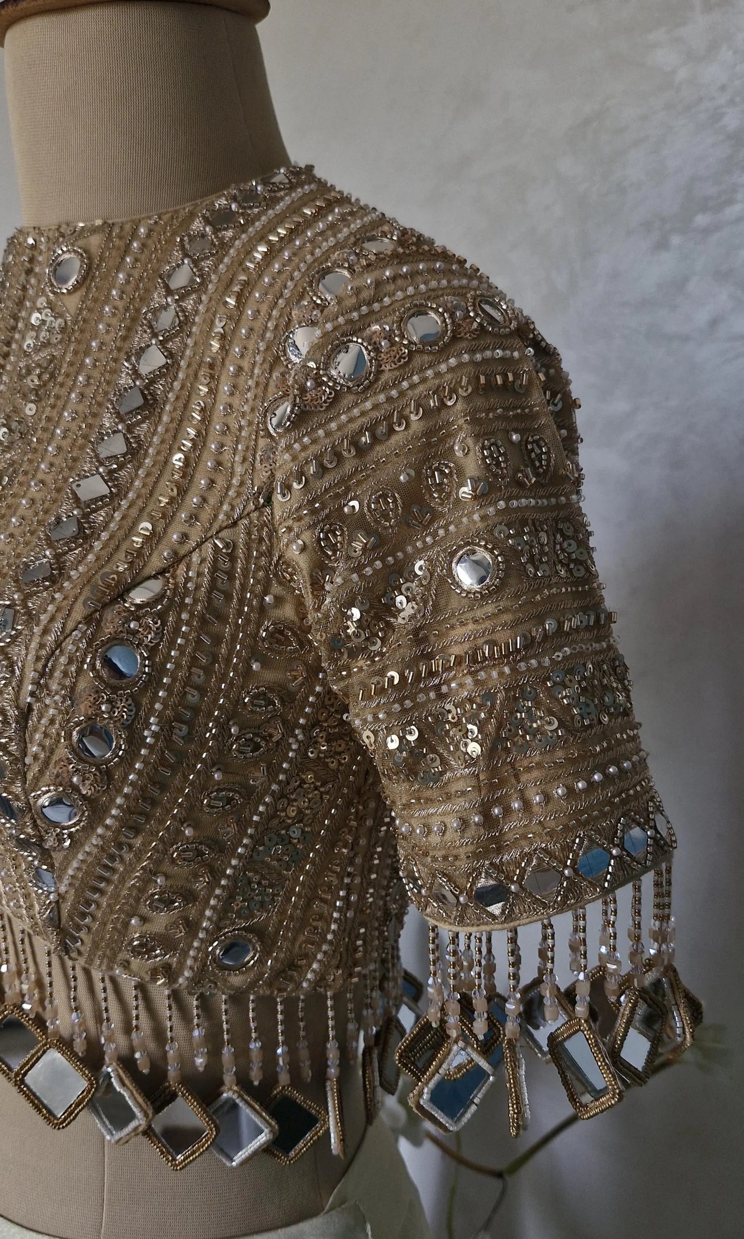 Dark Beige Gold Saree Blouse, Embroidered, Sleeves, Mirror Fringes DVBL_480