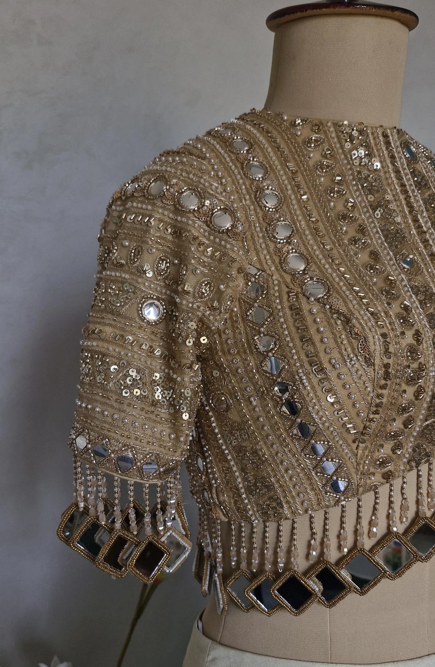 Dark Beige Gold Saree Blouse, Embroidered, Sleeves, Mirror Fringes DVBL_480