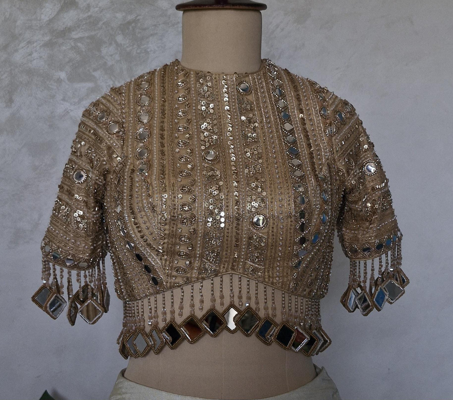 Dark Beige Gold Saree Blouse, Embroidered, Sleeves, Mirror Fringes DVBL_480