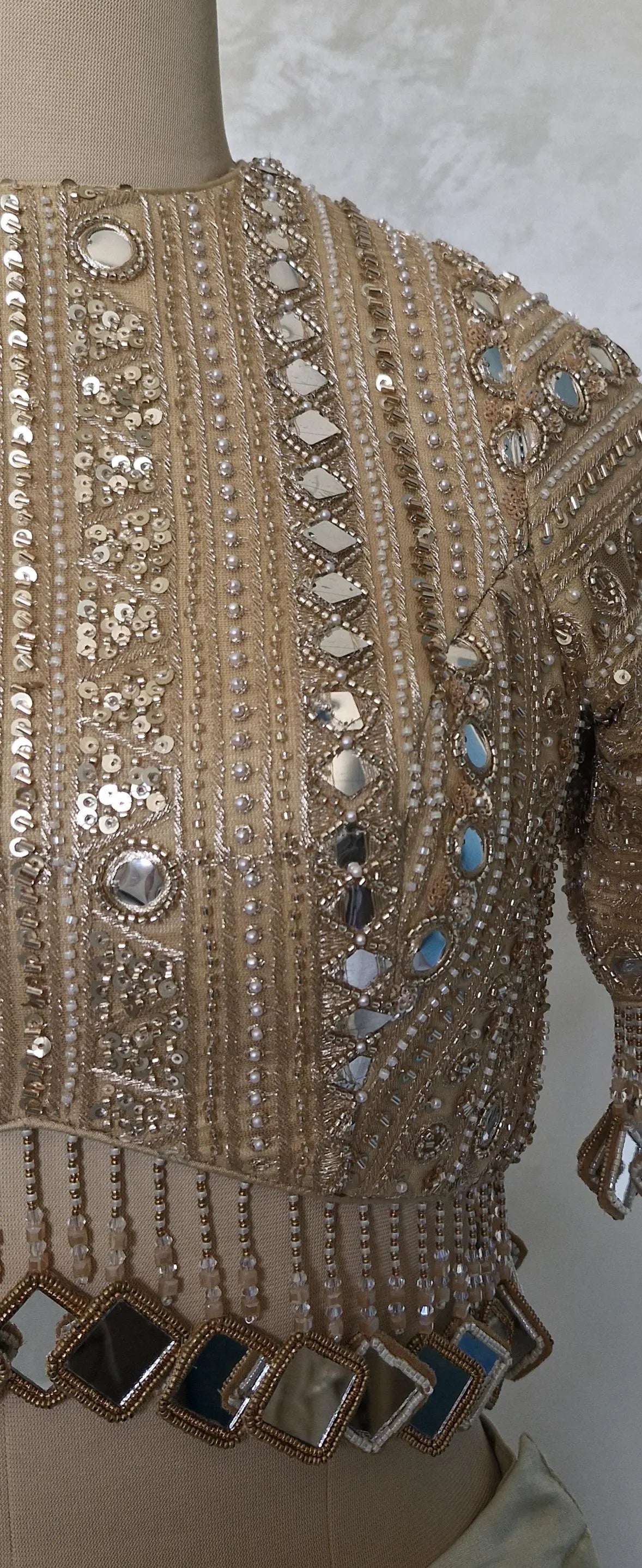 Dark Beige Gold Saree Blouse, Embroidered, Sleeves, Mirror Fringes DVBL_480