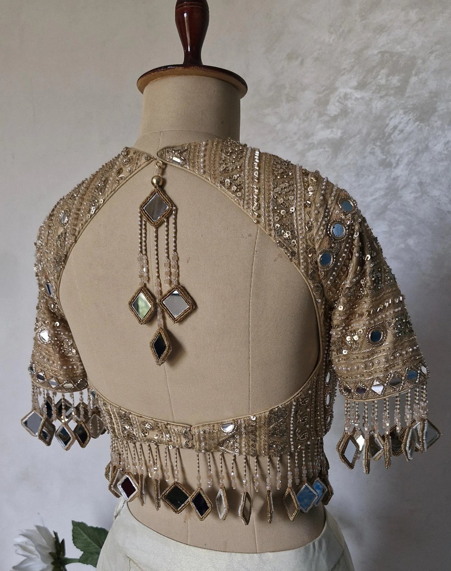Dark Beige Gold Saree Blouse, Embroidered, Sleeves, Mirror Fringes DVBL_480