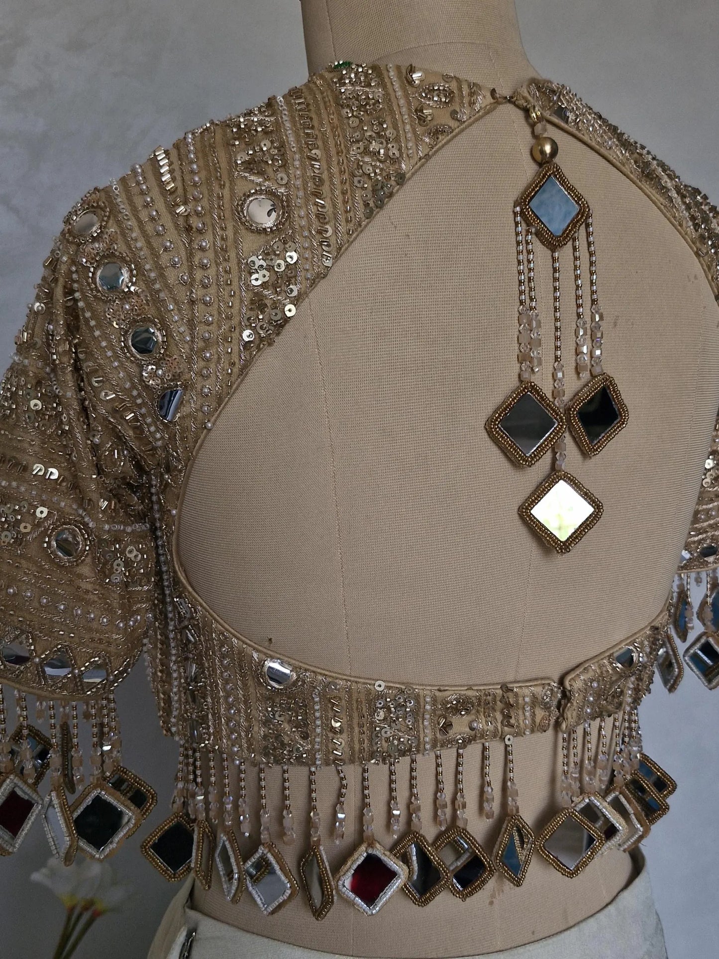 Dark Beige Gold Saree Blouse, Embroidered, Sleeves, Mirror Fringes DVBL_480
