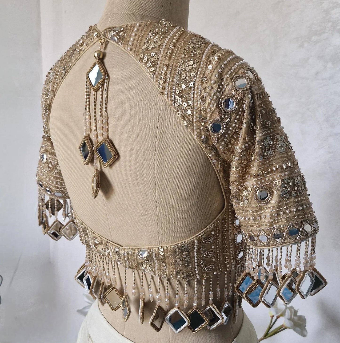 Dark Beige Gold Saree Blouse, Embroidered, Sleeves, Mirror Fringes DVBL_480