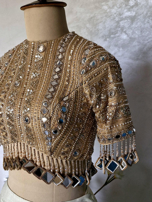 Dark Beige Gold Saree Blouse, Embroidered, Sleeves, Mirror Fringes DVBL_480