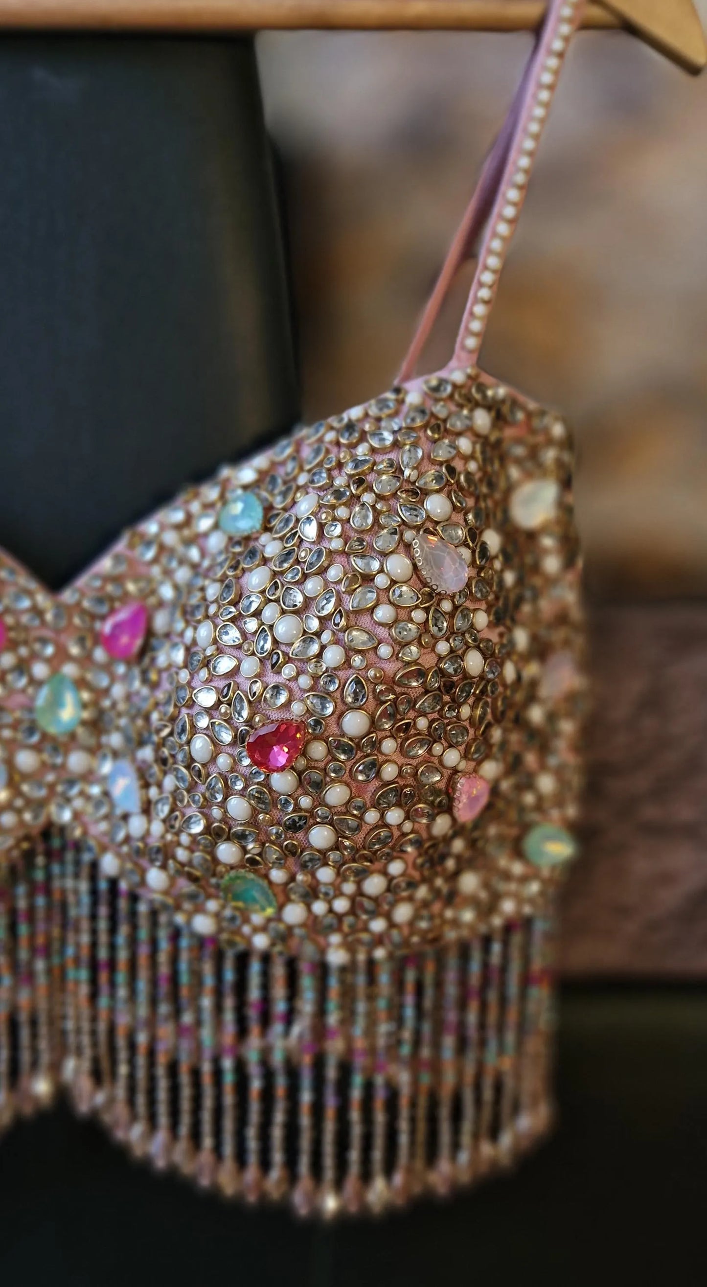 Hand Embroidered Dusty Pink Blouse, Beads & Kundan Embellishment, Bralette DVBL_481