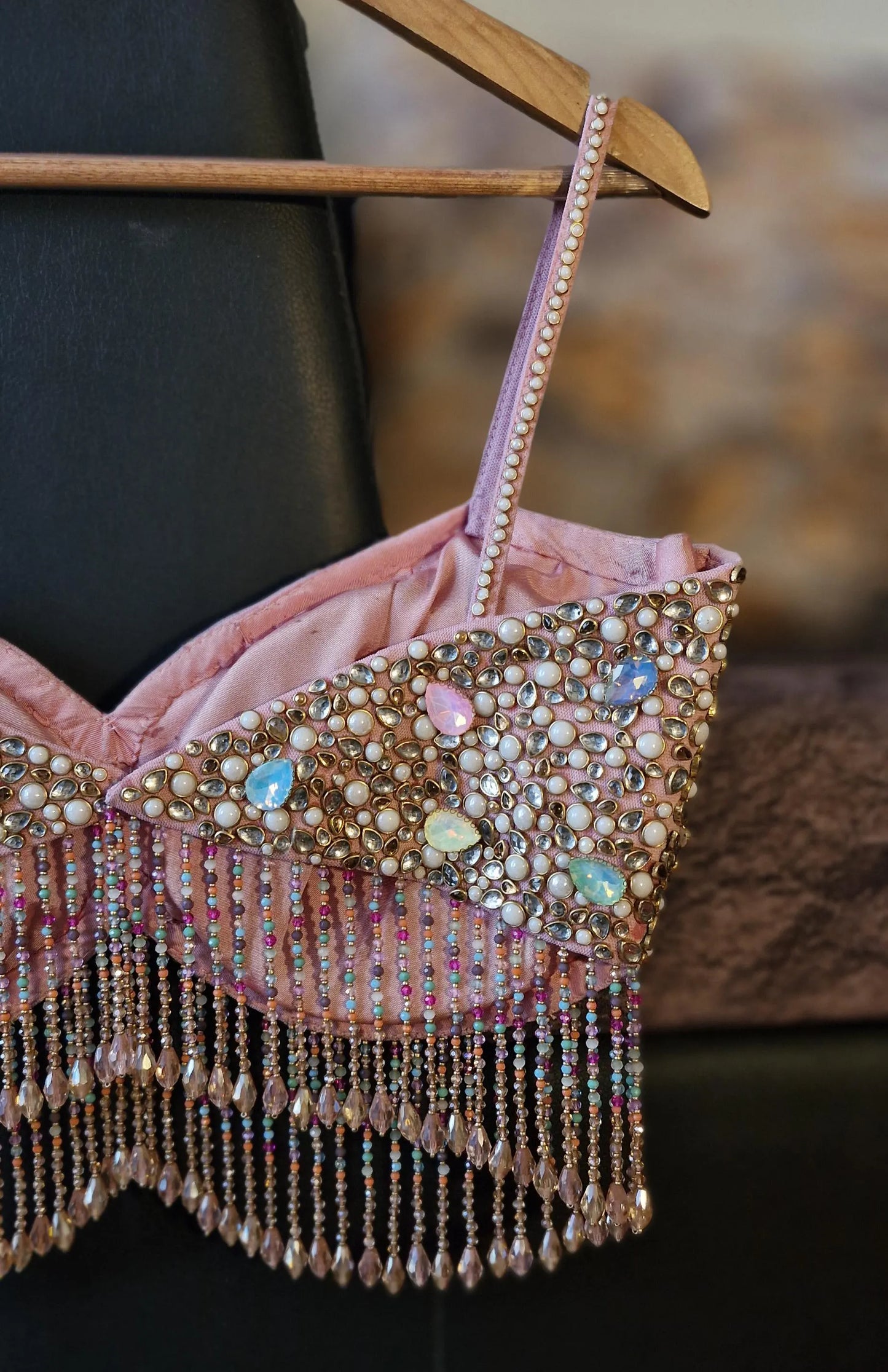 Hand Embroidered Dusty Pink Blouse, Beads & Kundan Embellishment, Bralette DVBL_481