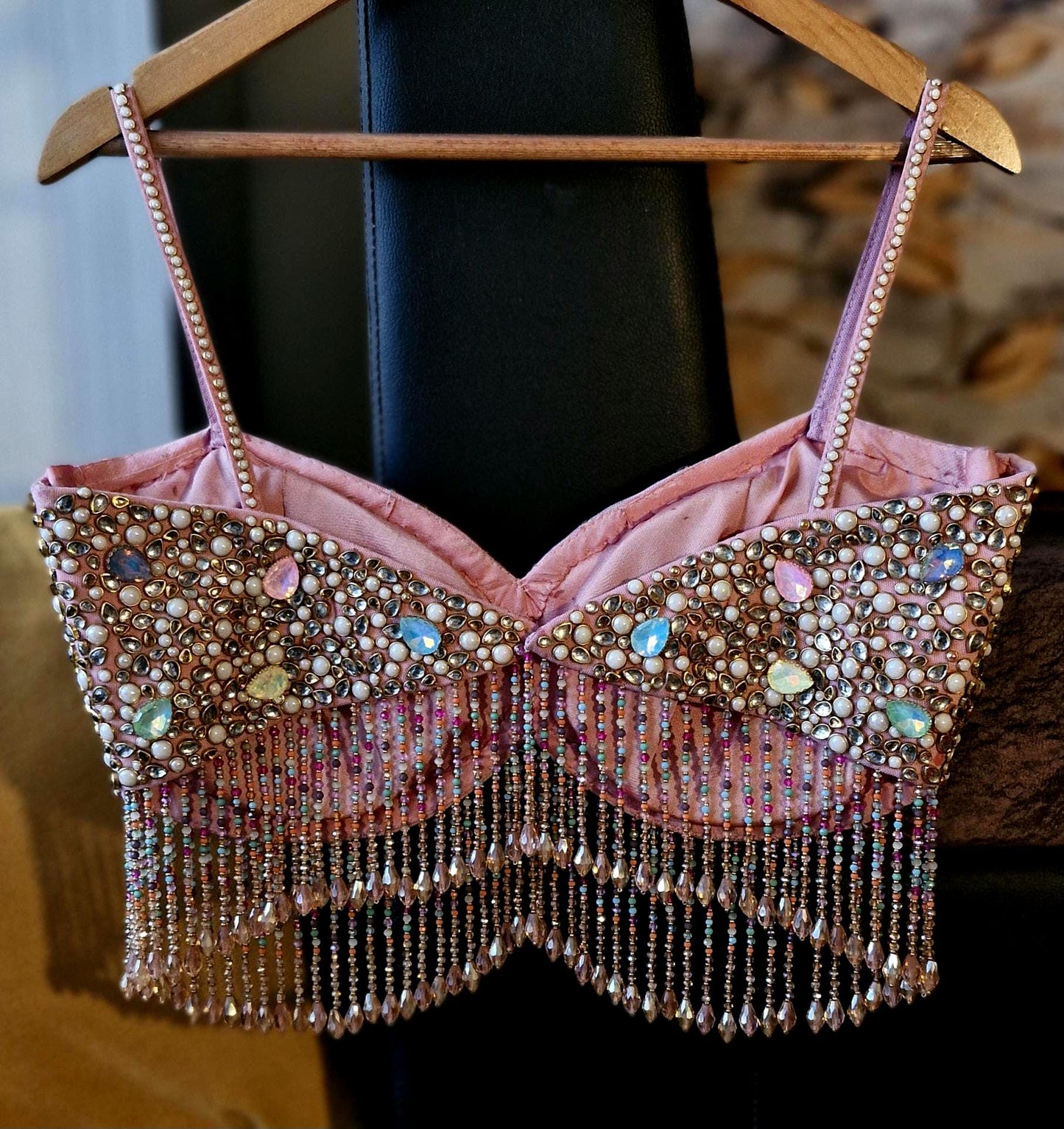Hand Embroidered Dusty Pink Blouse, Beads & Kundan Embellishment, Bralette DVBL_481