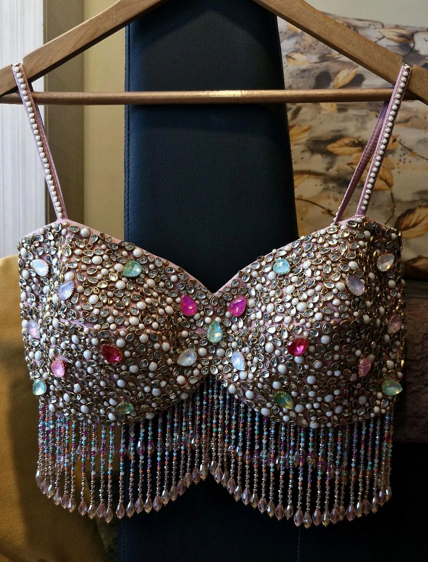 Hand Embroidered Dusty Pink Blouse, Beads & Kundan Embellishment, Bralette DVBL_481