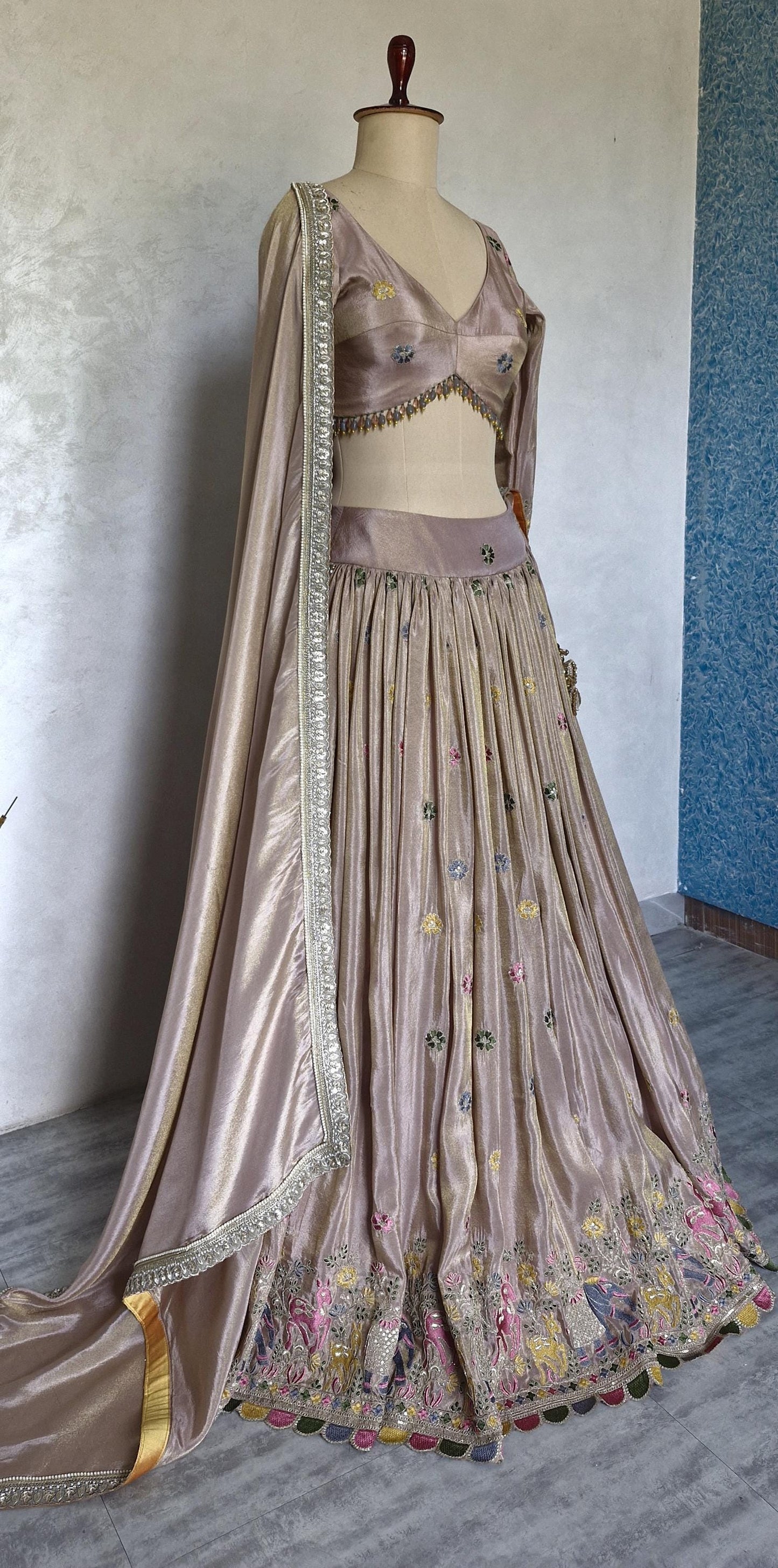 Dusty Pink Tissue Silk Lehenga Choli for Mehendi, Sangeet DVMTD_0290