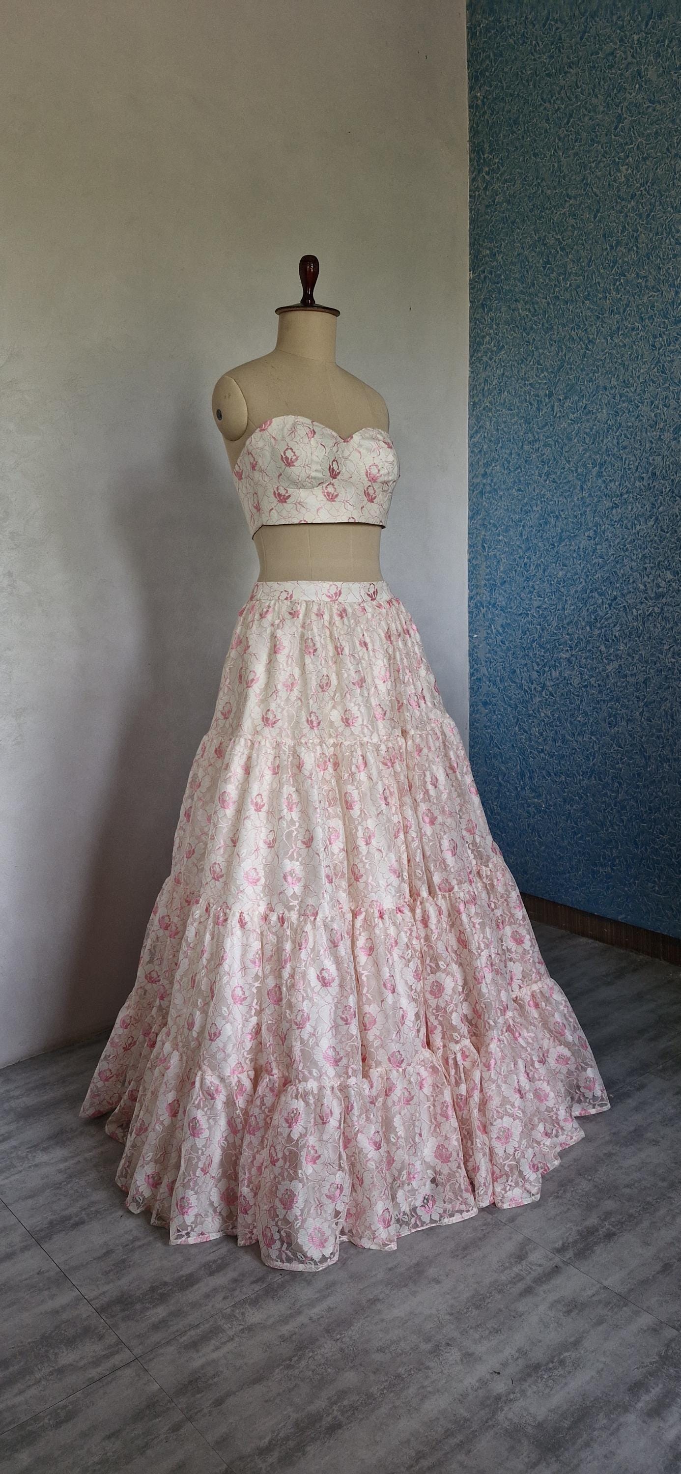 Offwhite Pink Lace Net Tiered Lehenga Skirt and Top DVMTD_0292