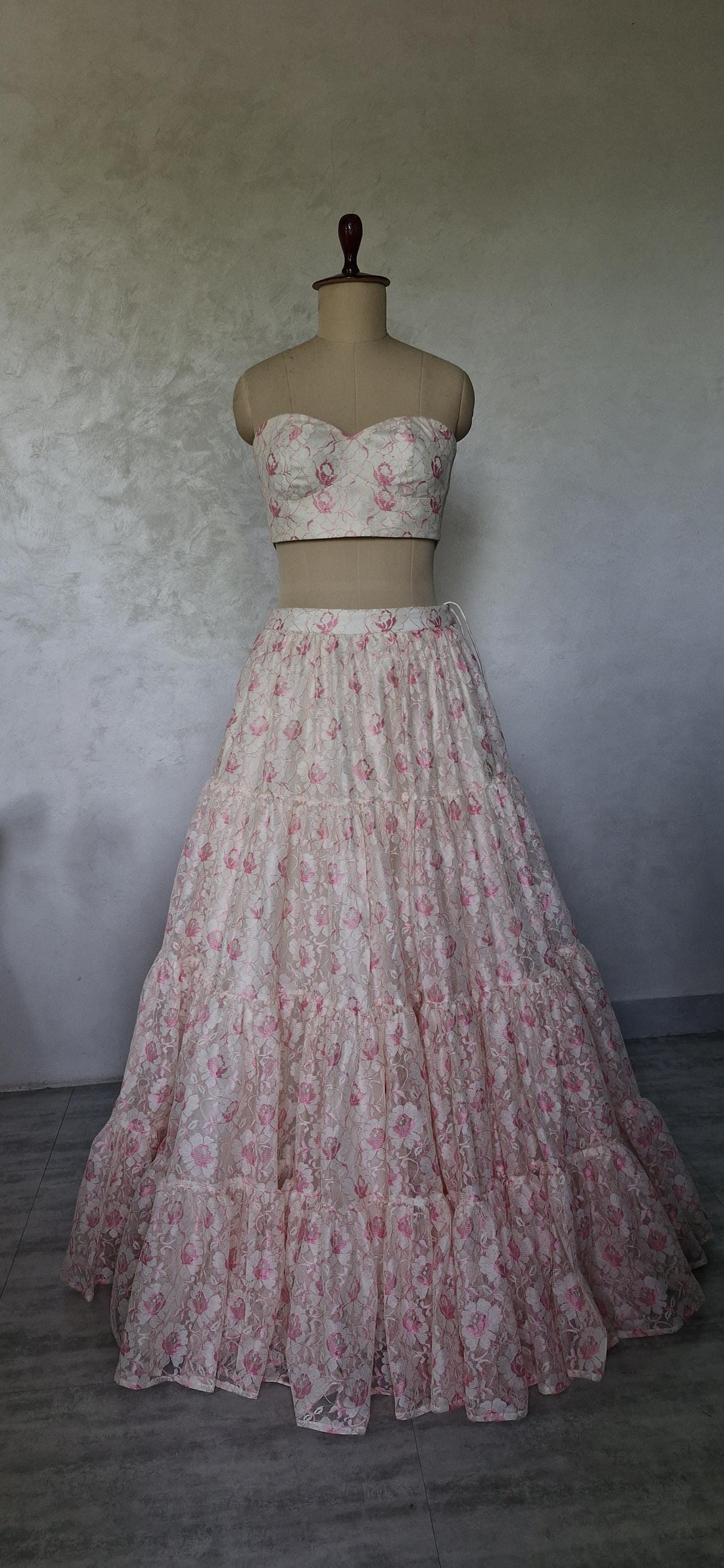 Offwhite Pink Lace Net Tiered Lehenga Skirt and Top DVMTD_0292