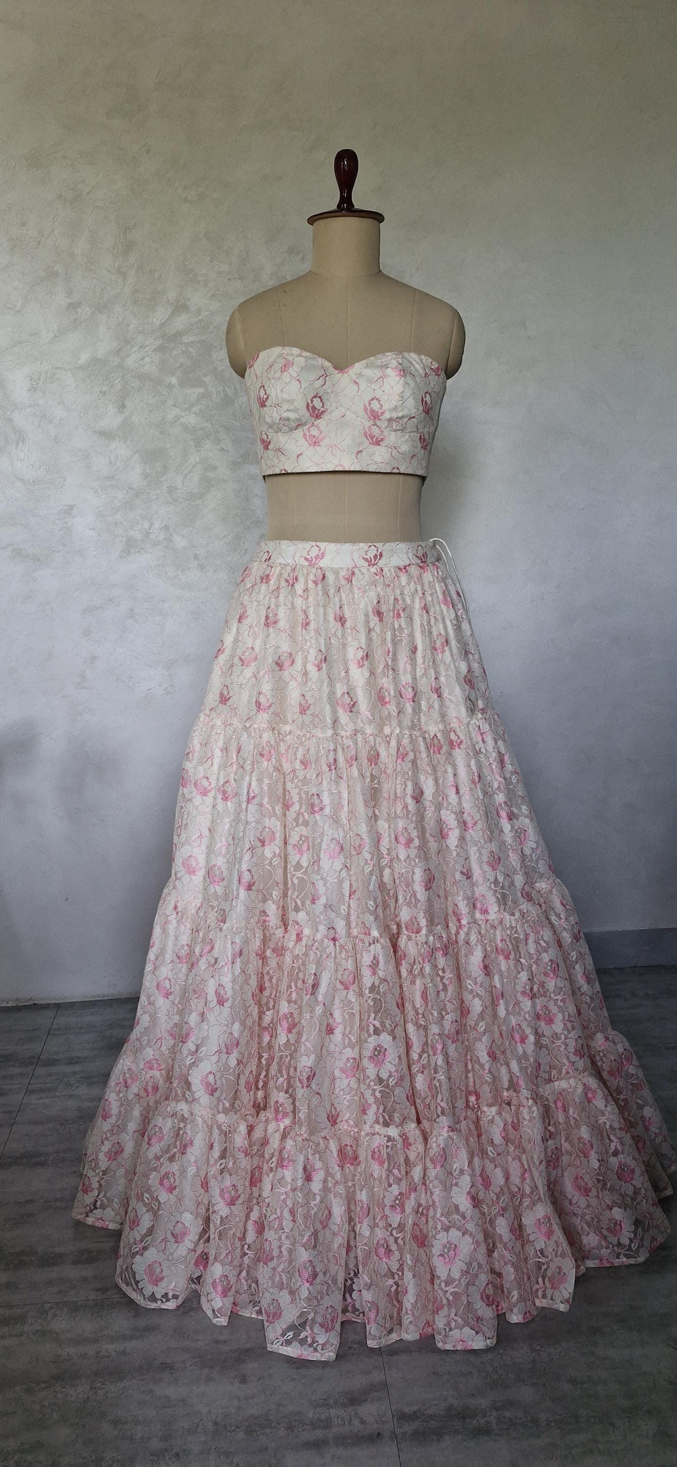 Offwhite Pink Lace Net Tiered Lehenga Skirt and Top DVMTD_0292