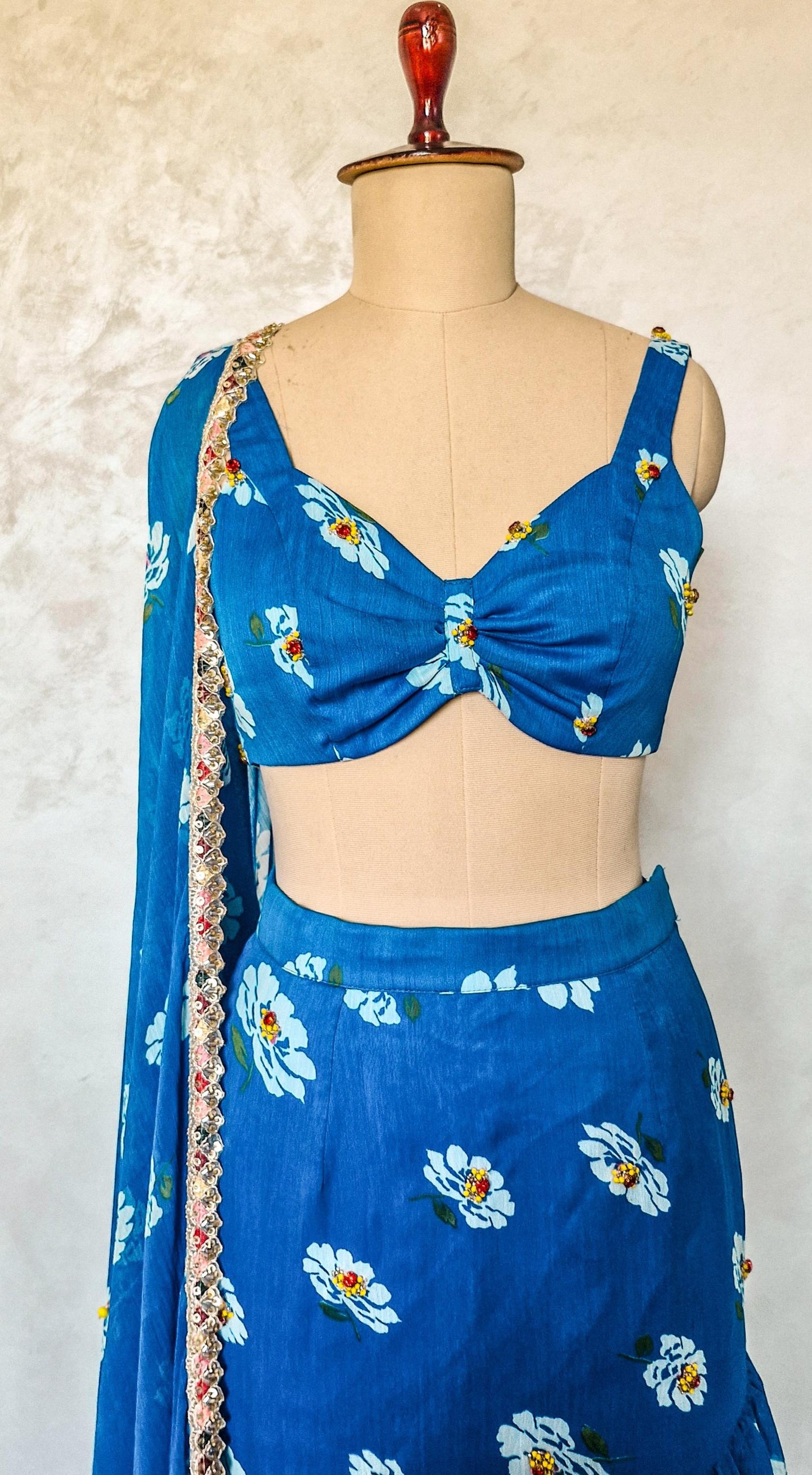 Blue Floral Print Chiffon Lehenga, Mermaid Layered Skirt, Beach Wedding DVMTD_0293
