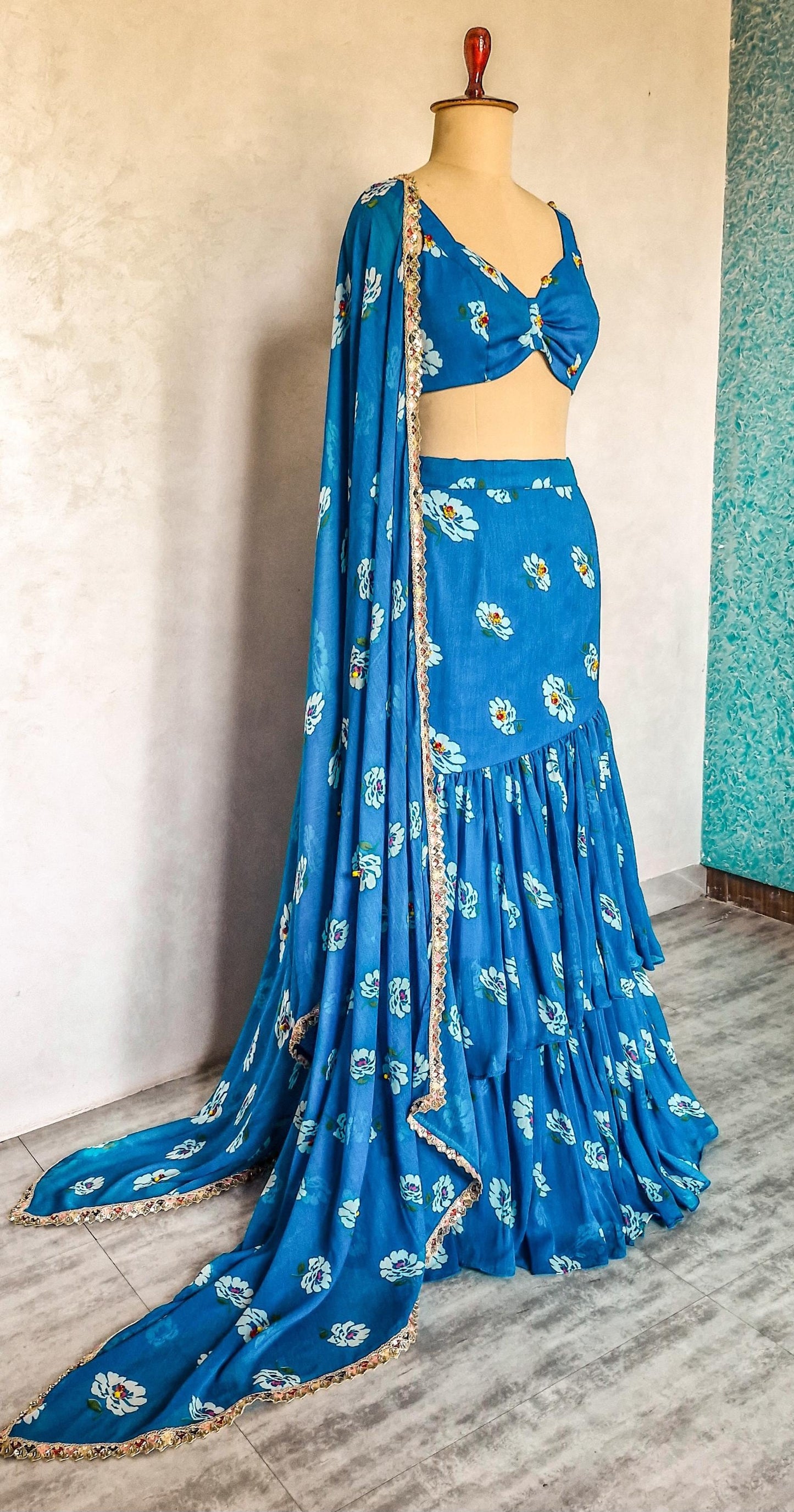 Blue Floral Print Chiffon Lehenga, Mermaid Layered Skirt, Beach Wedding DVMTD_0293