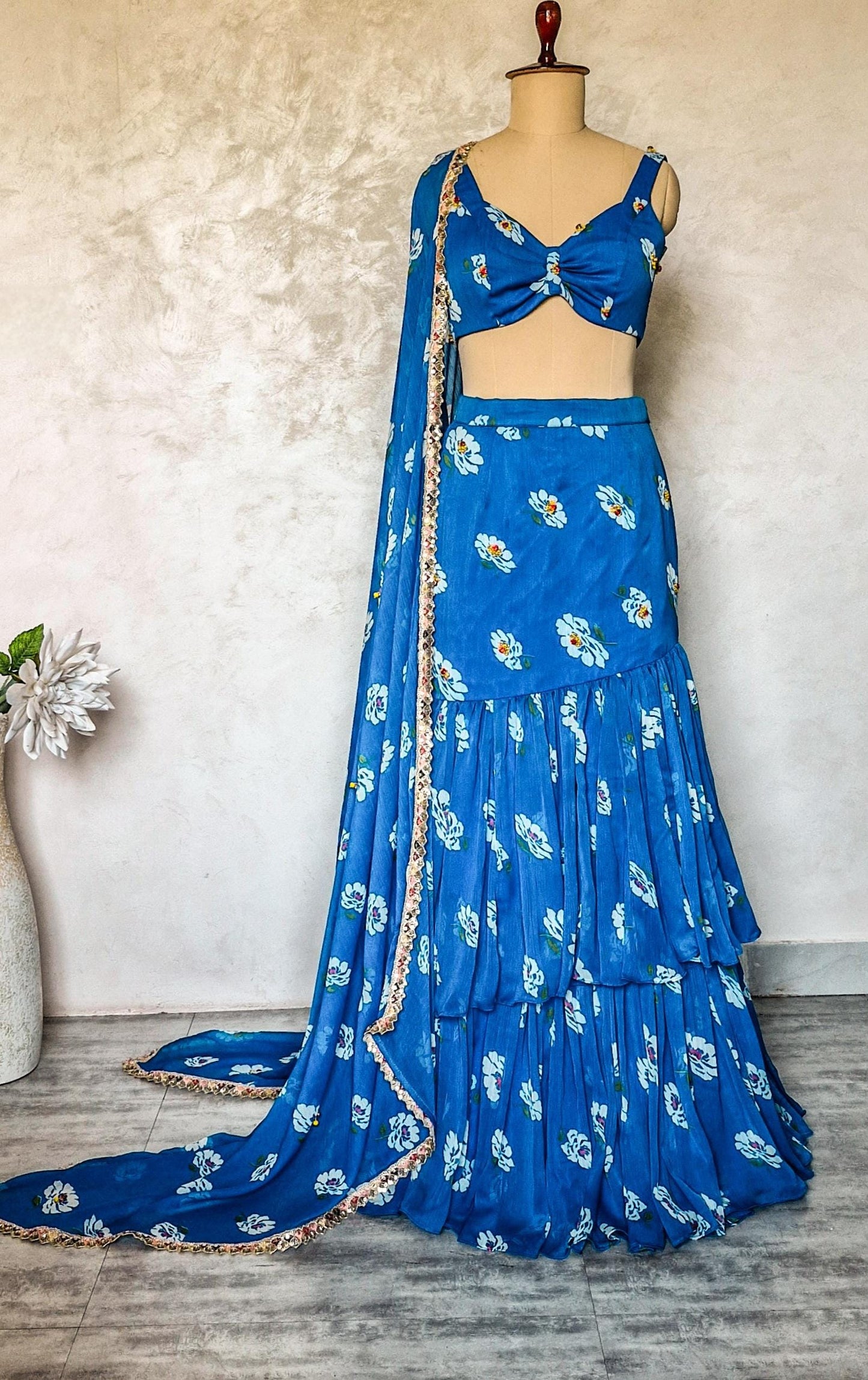 Blue Floral Print Chiffon Lehenga, Mermaid Layered Skirt, Beach Wedding DVMTD_0293