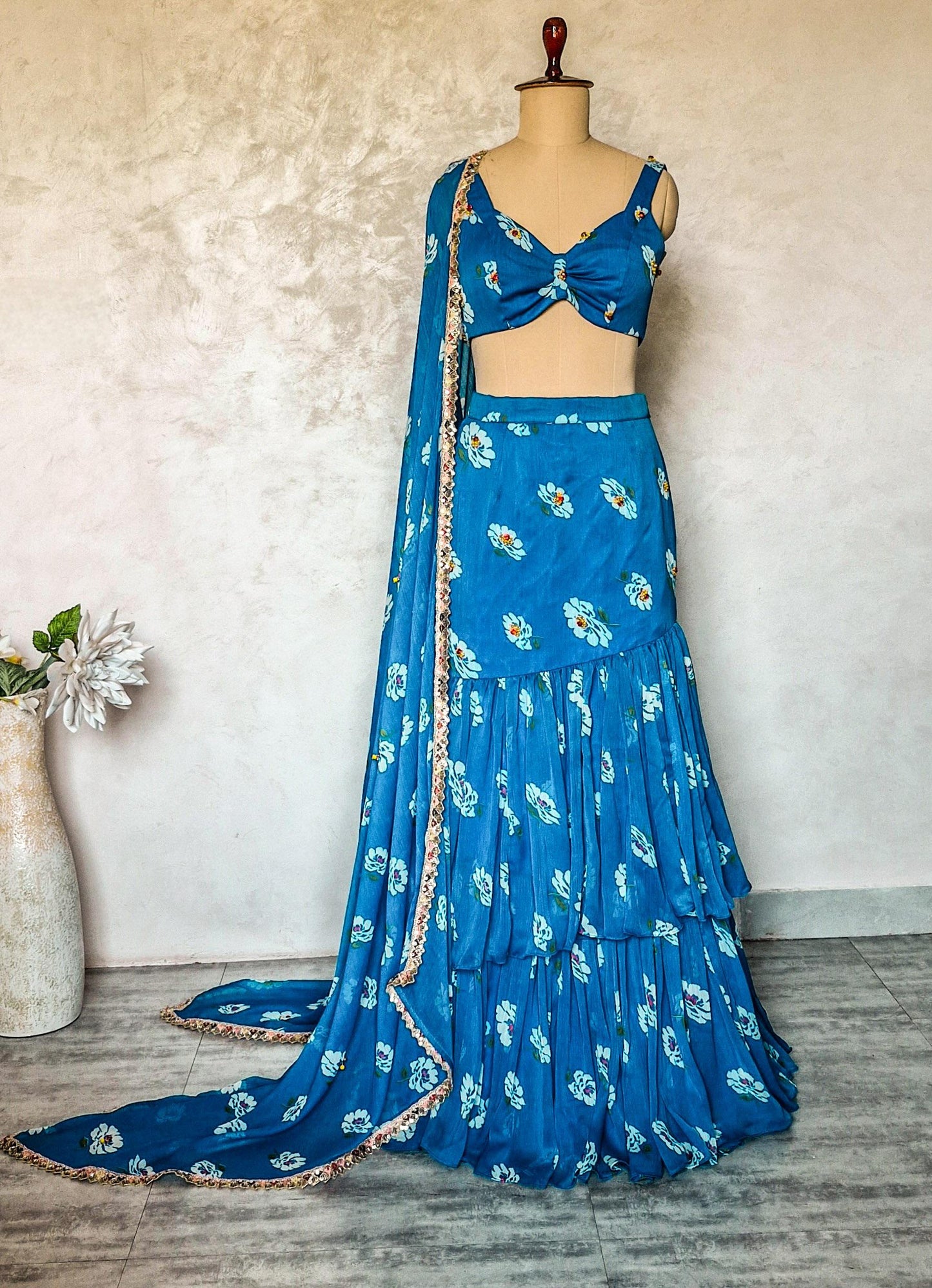 Blue Floral Print Chiffon Lehenga, Mermaid Layered Skirt, Beach Wedding DVMTD_0293