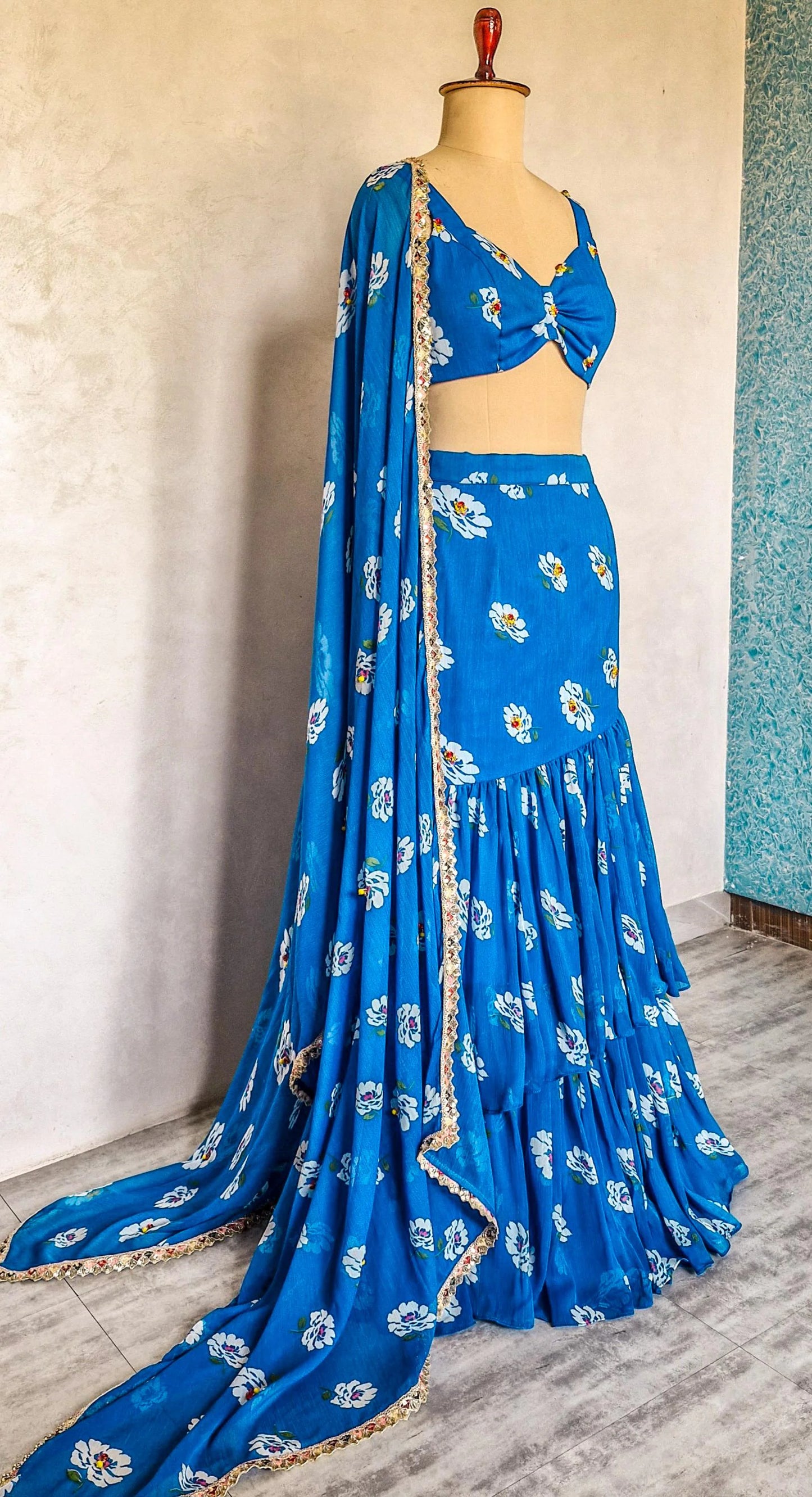 Blue Floral Print Chiffon Lehenga, Mermaid Layered Skirt, Beach Wedding DVMTD_0293
