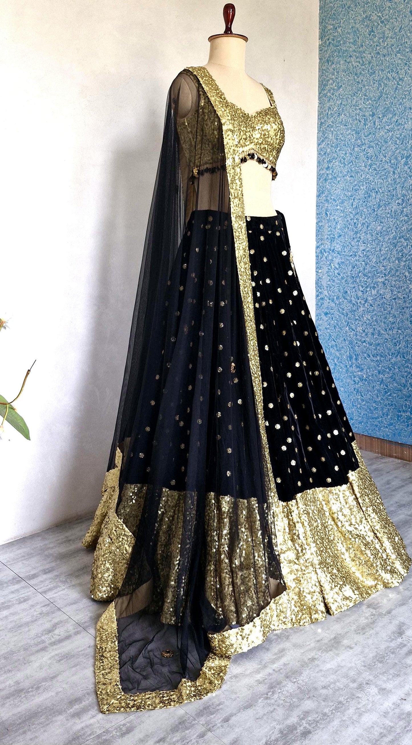 Black Gold Velvet, Sequins Lehenga Choli DVMTD_0291