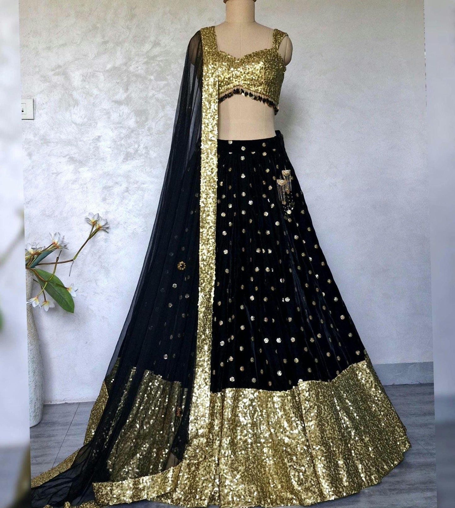 Black Gold Velvet, Sequins Lehenga Choli DVMTD_0291