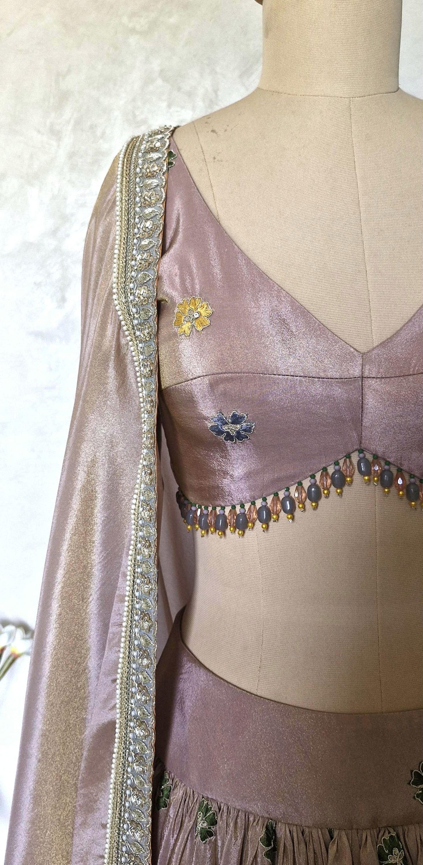 Dusty Pink Tissue Silk Lehenga Choli for Mehendi, Sangeet DVMTD_0290
