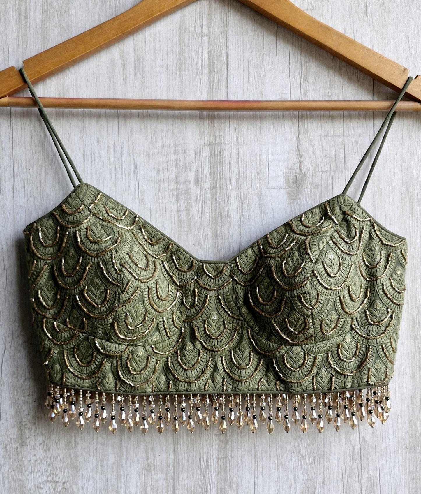 Hand Embroidered Olive Green Saree Blouse, Beaded Fringes, Spaghetti DVBL_483