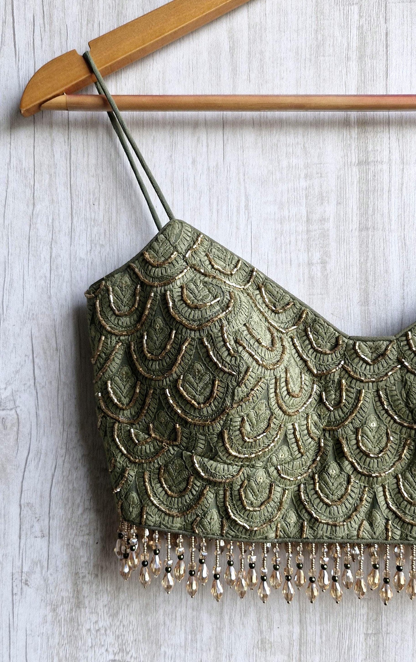 Hand Embroidered Olive Green Saree Blouse, Beaded Fringes, Spaghetti DVBL_483
