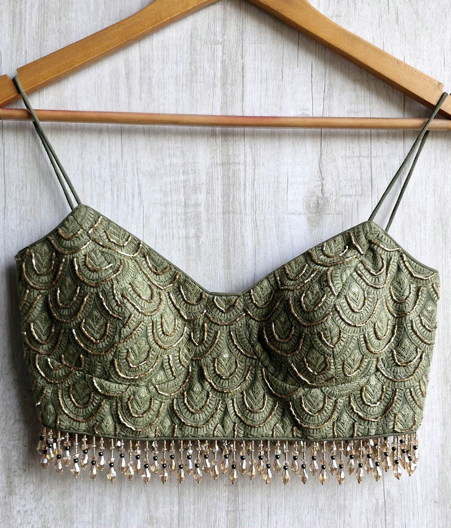 Hand Embroidered Olive Green Saree Blouse, Beaded Fringes, Spaghetti DVBL_483