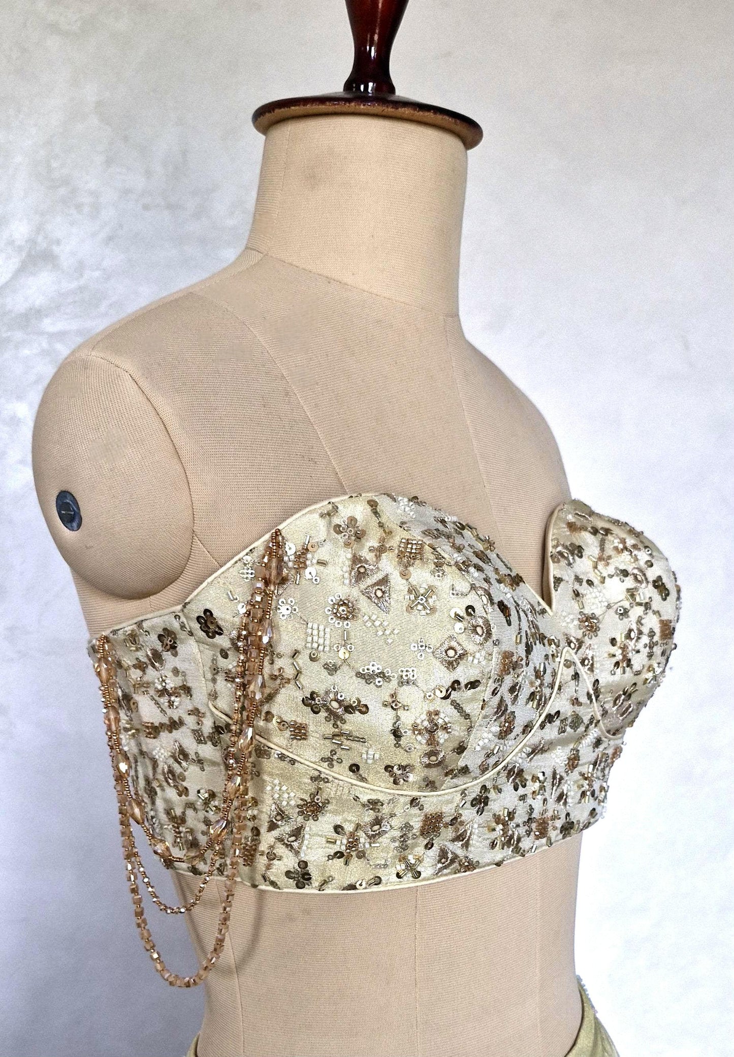 Champagne Gold Embroidered Tissue Silk Saree Blouse, Strapless DVBL_484