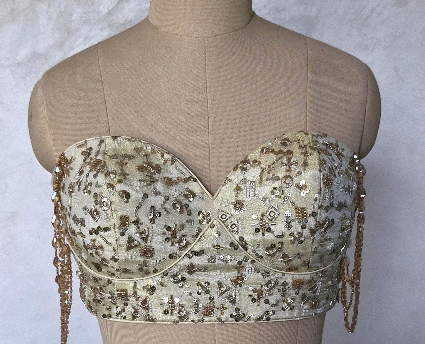 Champagne Gold Embroidered Tissue Silk Saree Blouse, Strapless DVBL_484