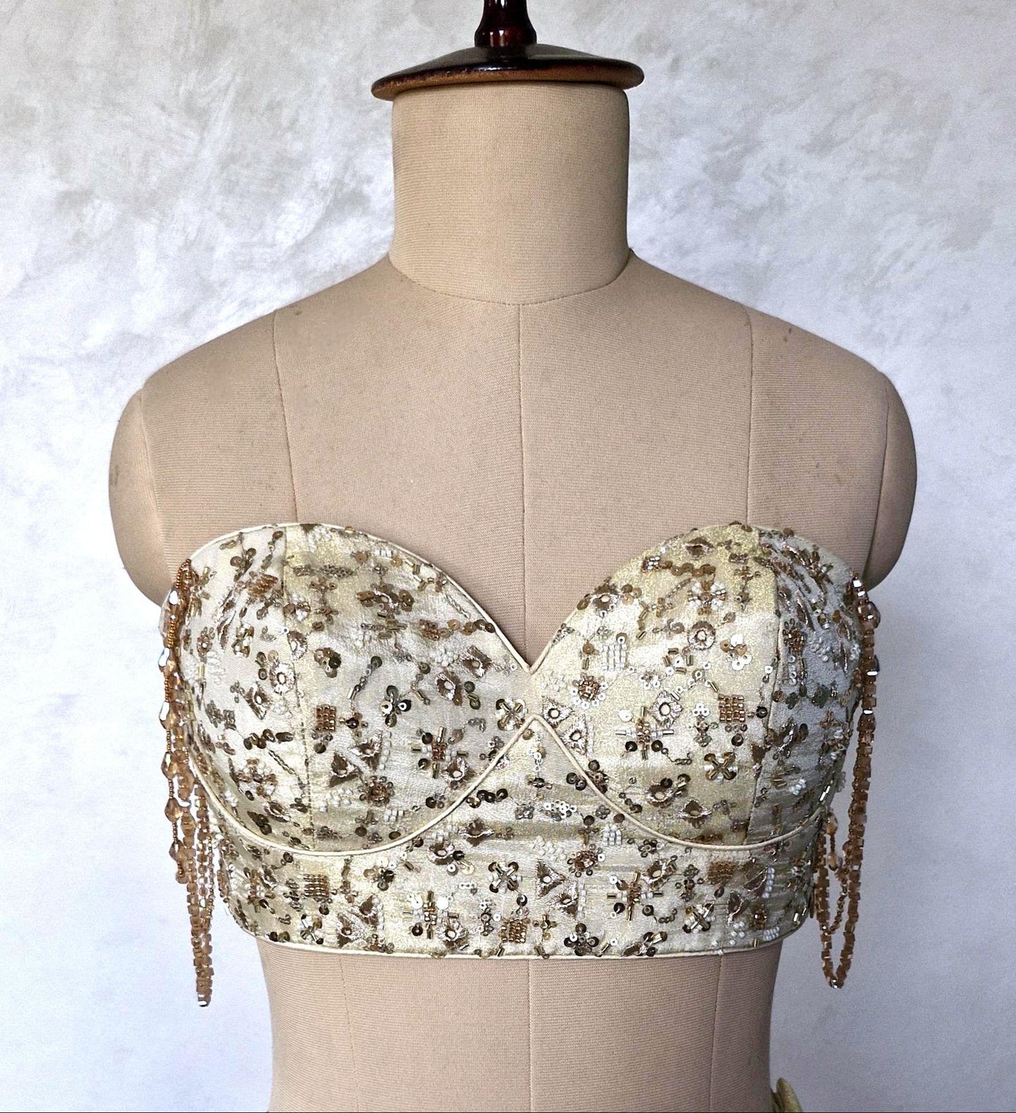 Champagne Gold Embroidered Tissue Silk Saree Blouse, Strapless DVBL_484