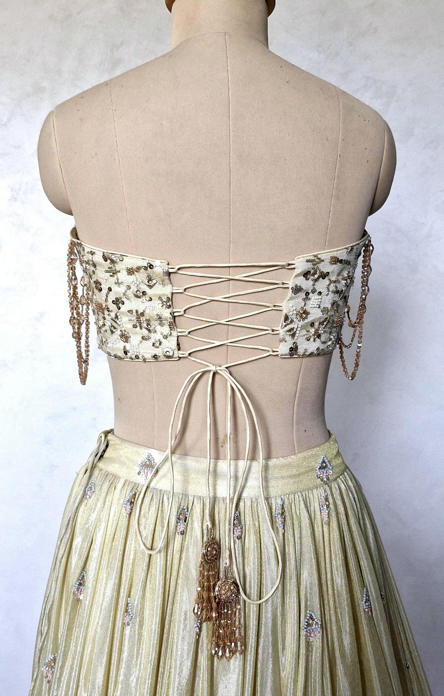 Champagne Gold Embroidered Tissue Silk Saree Blouse, Strapless DVBL_484