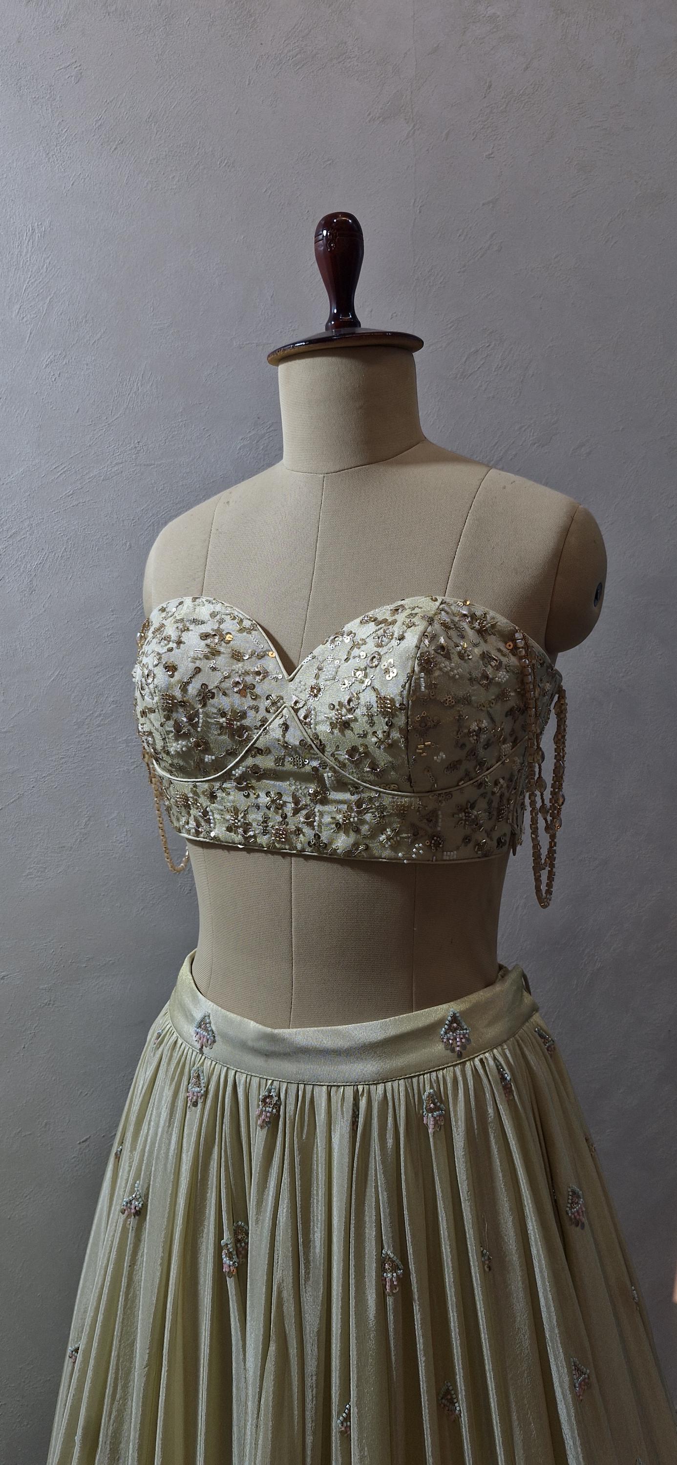 Champagne Gold Embroidered Tissue Silk Saree Blouse, Strapless DVBL_484