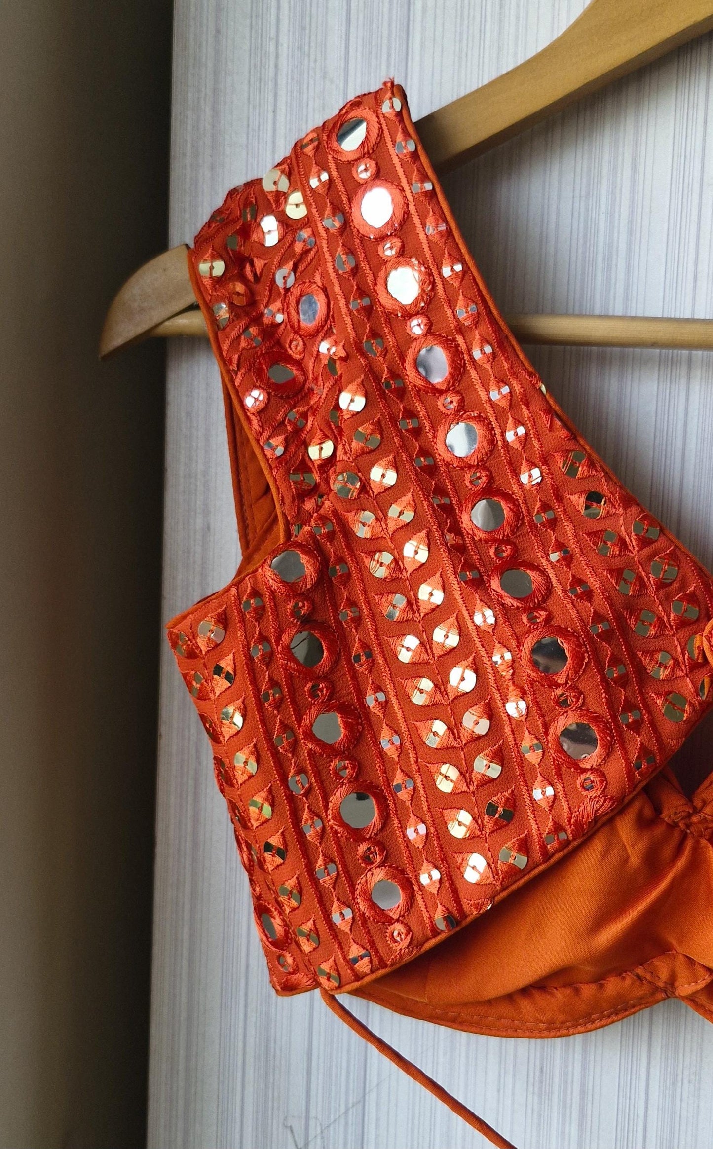 Burnt Orange Embroidered Georgette Saree Blouse, Cap Sleeves Sweetheart Neck DVBL_485