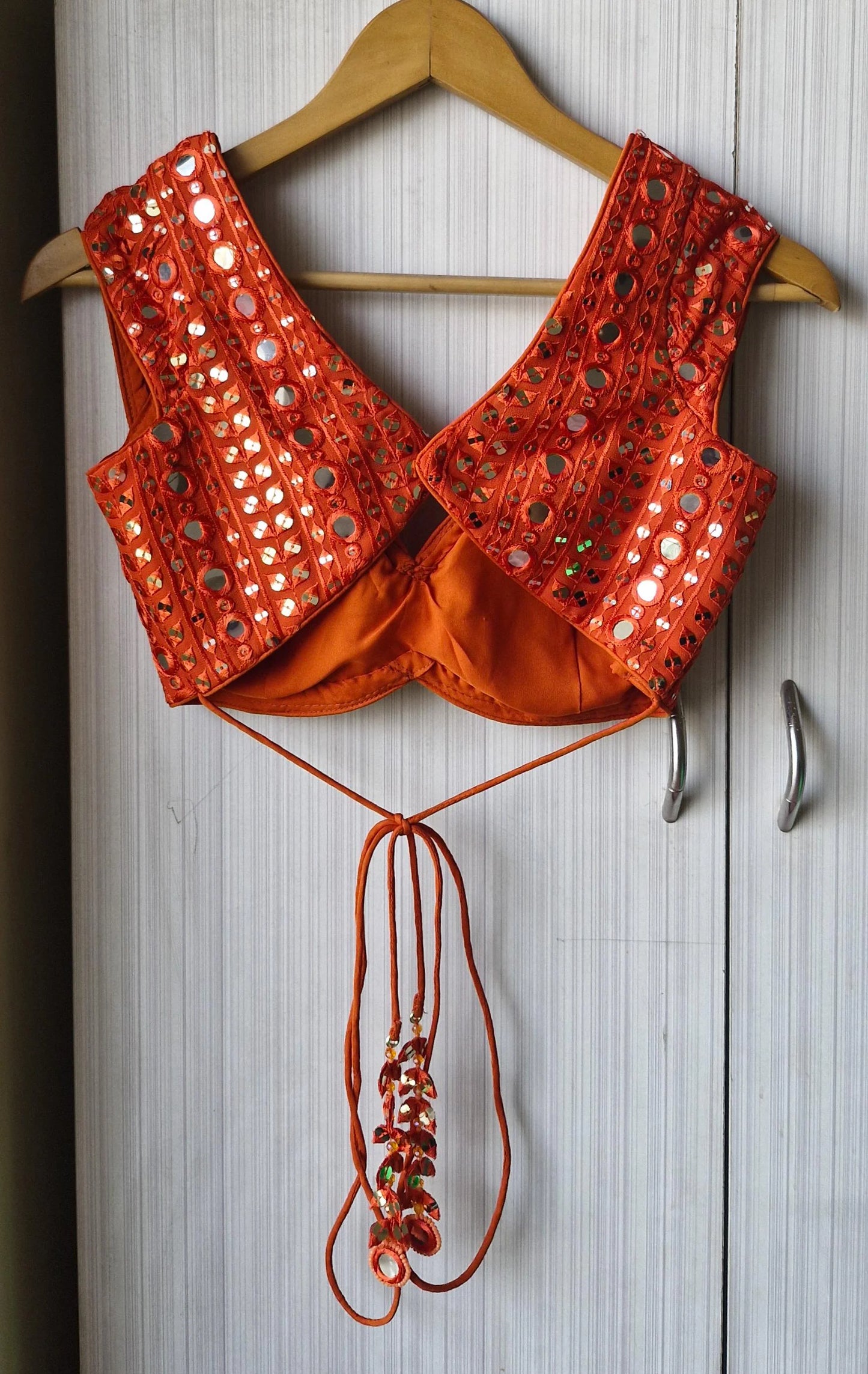 Burnt Orange Embroidered Georgette Saree Blouse, Cap Sleeves Sweetheart Neck DVBL_485